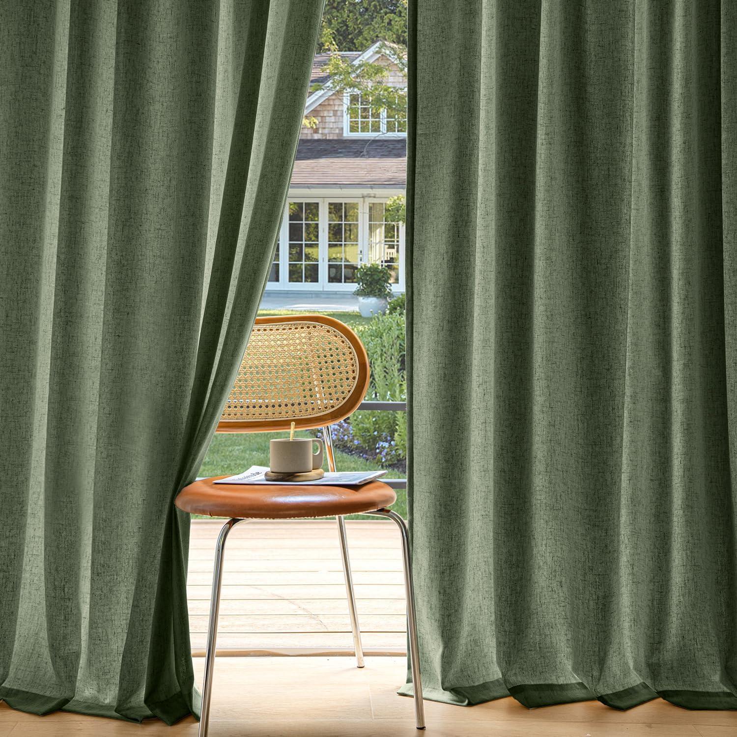 imageMIULEE NonSeeThrough Privacy Linen Curtains 2 Panels Christmas Emerald Green Light Filtering Window Curtains Textured Back Tab Semi Sheer Drapes for Bedroom Living Room 52 x 90 Inches LongOlive Green