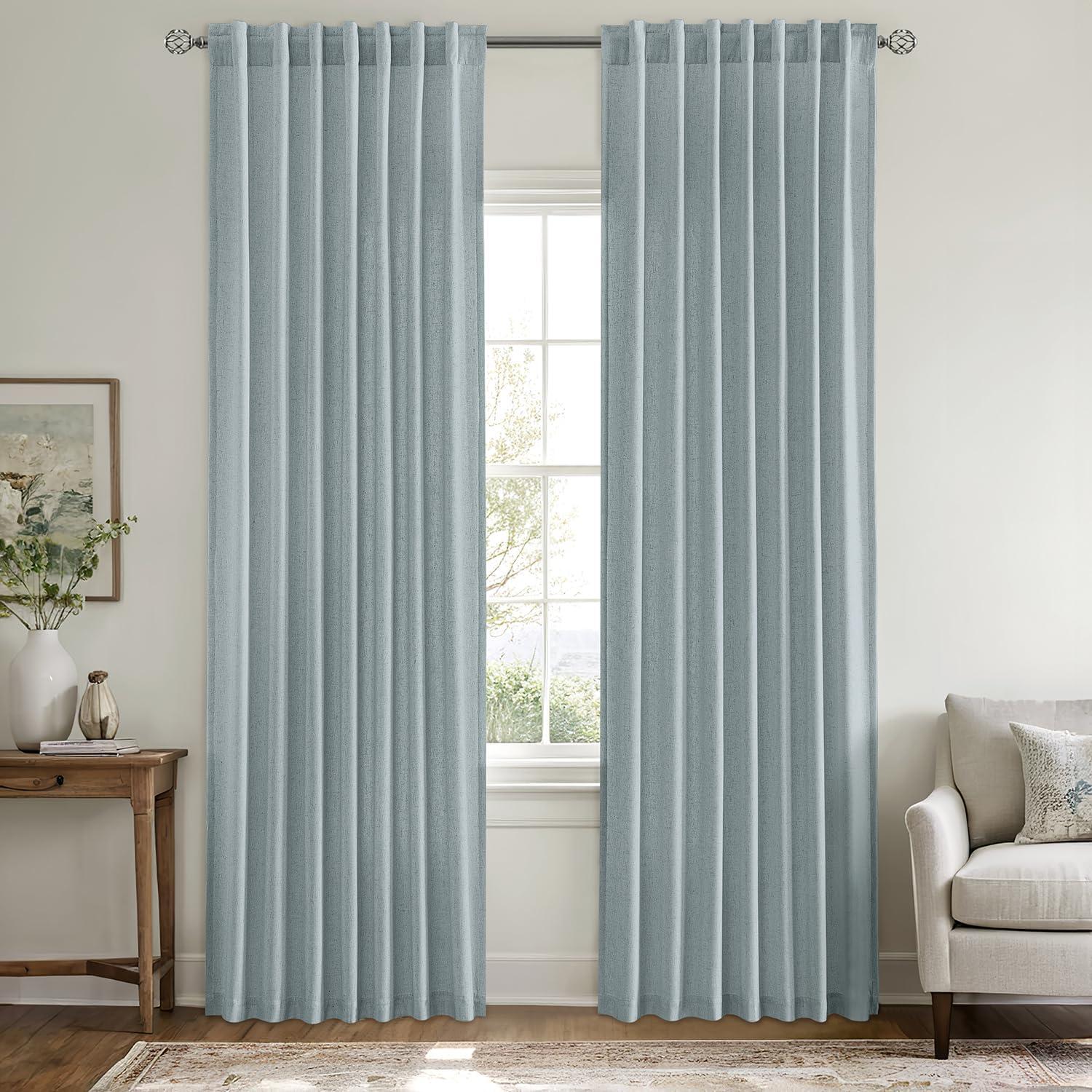 imageMIULEE NonSeeThrough Privacy Linen Curtains 2 Panels Christmas Emerald Green Light Filtering Window Curtains Textured Back Tab Semi Sheer Drapes for Bedroom Living Room 52 x 90 Inches LongStone Blue