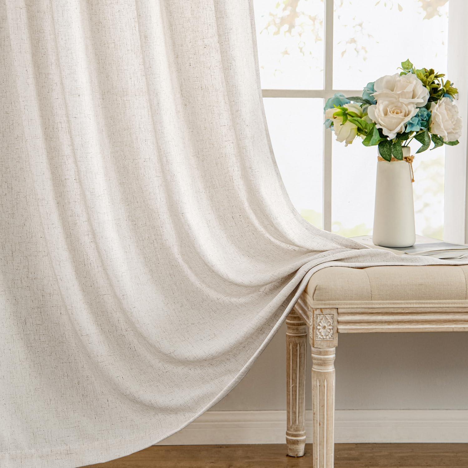 imageMIULEE NonSeeThrough Privacy Linen Curtains 2 Panels Christmas Emerald Green Light Filtering Window Curtains Textured Back Tab Semi Sheer Drapes for Bedroom Living Room 52 x 90 Inches LongWhite