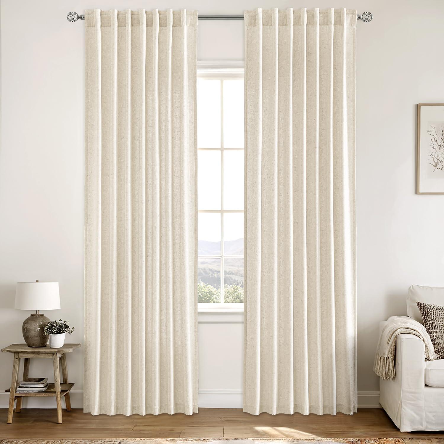 imageMIULEE NonSeeThrough Privacy Linen Curtains 2 Panels Christmas Emerald Green Light Filtering Window Curtains Textured Back Tab Semi Sheer Drapes for Bedroom Living Room 52 x 90 Inches LongIvory