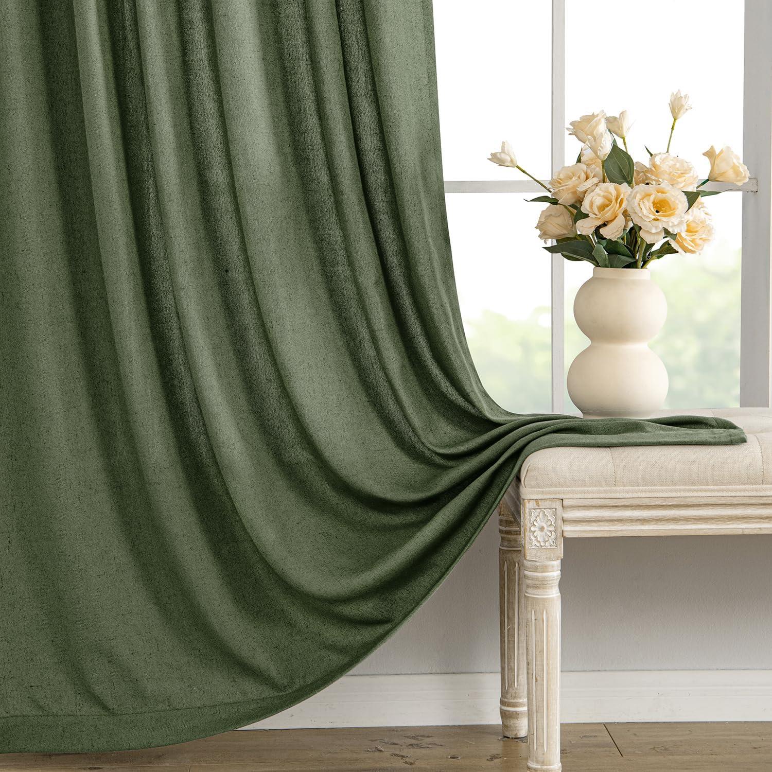 imageMIULEE NonSeeThrough Privacy Linen Curtains 2 Panels Christmas Emerald Green Light Filtering Window Curtains Textured Back Tab Semi Sheer Drapes for Bedroom Living Room 52 x 90 Inches LongOlive Green