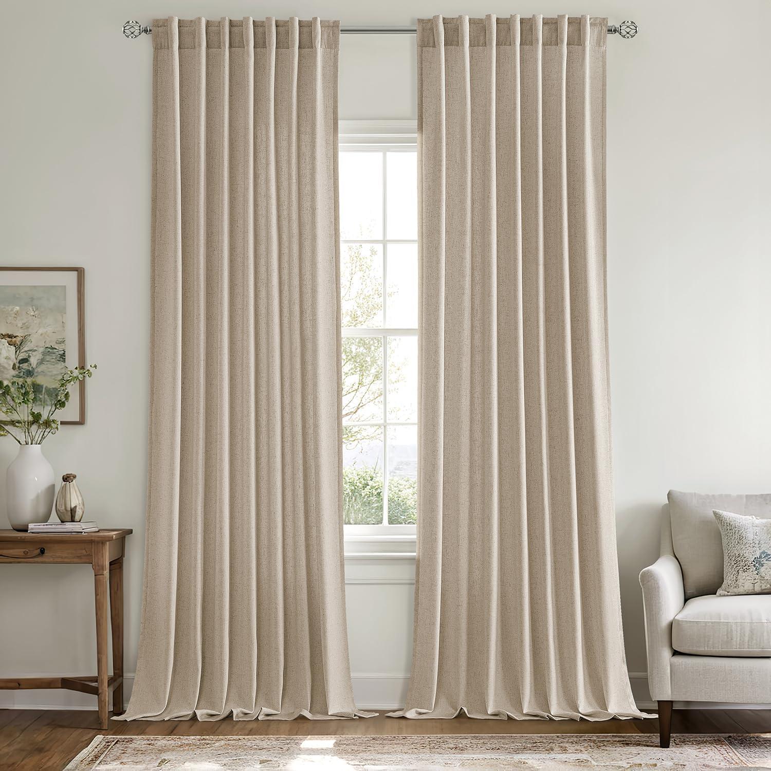 imageMIULEE NonSeeThrough Privacy Linen Curtains 2 Panels Christmas Emerald Green Light Filtering Window Curtains Textured Back Tab Semi Sheer Drapes for Bedroom Living Room 52 x 90 Inches LongTaupe