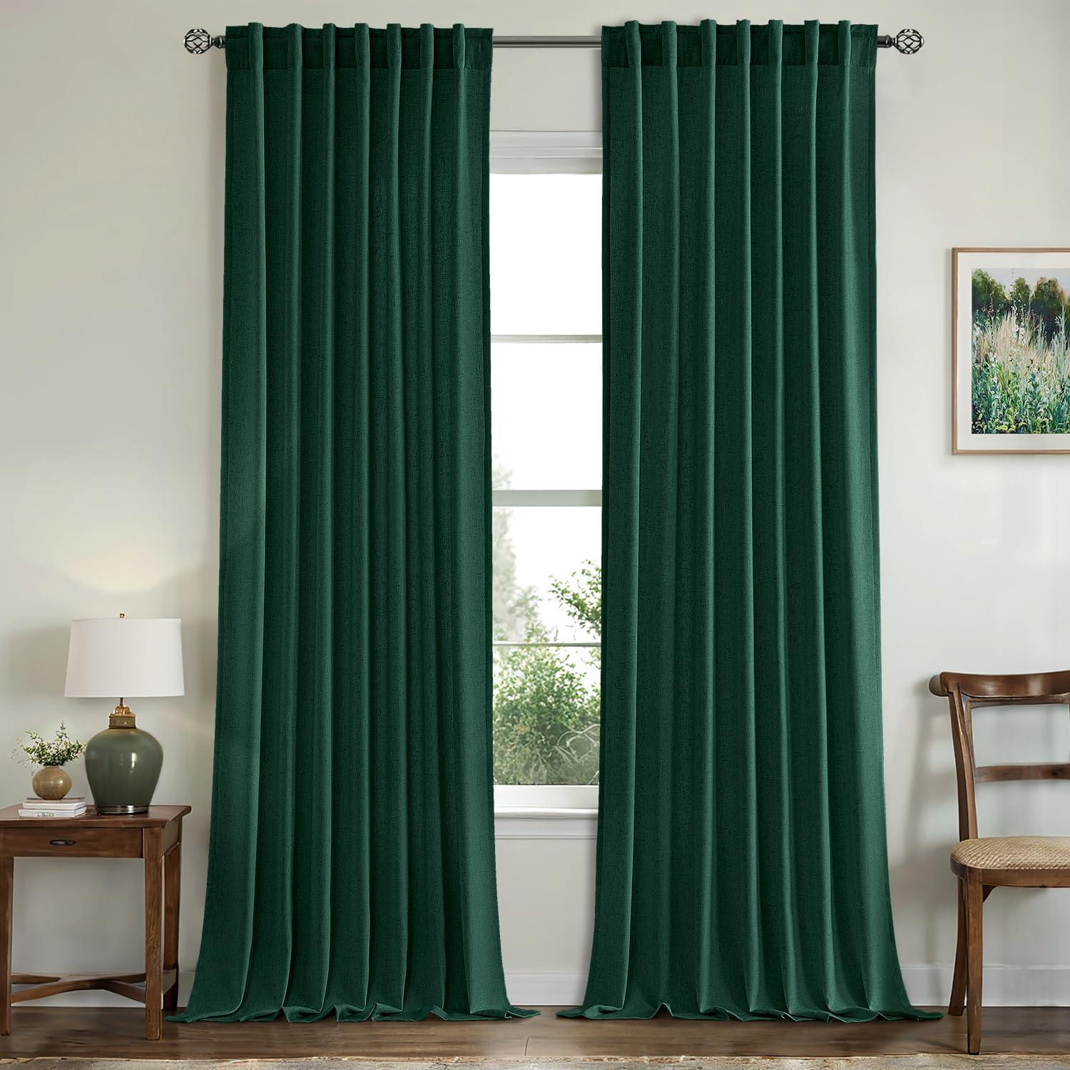 imageMIULEE NonSeeThrough Privacy Linen Curtains 2 Panels Christmas Emerald Green Light Filtering Window Curtains Textured Back Tab Semi Sheer Drapes for Bedroom Living Room 52 x 90 Inches LongEmerald Green