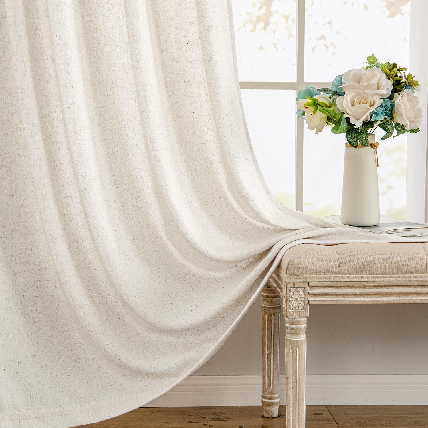 imageMIULEE NonSeeThrough Privacy Linen Curtains 2 Panels Christmas Emerald Green Light Filtering Window Curtains Textured Back Tab Semi Sheer Drapes for Bedroom Living Room 52 x 90 Inches LongNatural