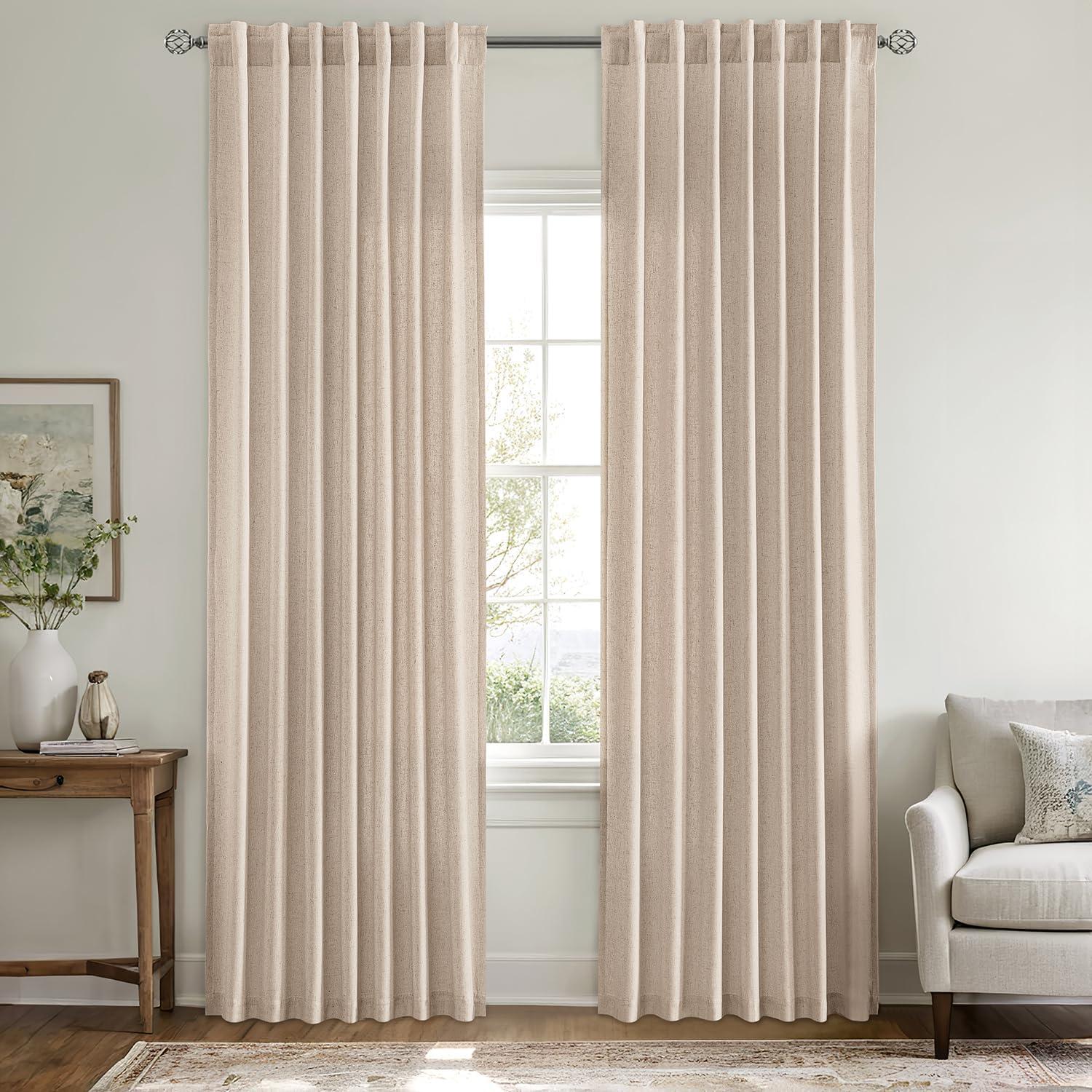 imageMIULEE NonSeeThrough Privacy Linen Curtains 2 Panels Christmas Emerald Green Light Filtering Window Curtains Textured Back Tab Semi Sheer Drapes for Bedroom Living Room 52 x 90 Inches LongBeige