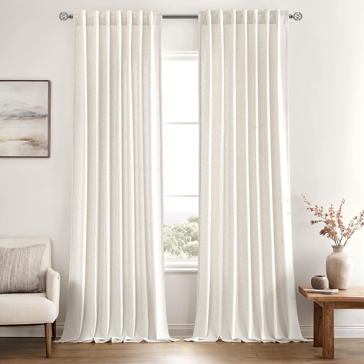 imageMIULEE NonSeeThrough Privacy Linen Curtains 2 Panels Christmas Emerald Green Light Filtering Window Curtains Textured Back Tab Semi Sheer Drapes for Bedroom Living Room 52 x 90 Inches LongNatural