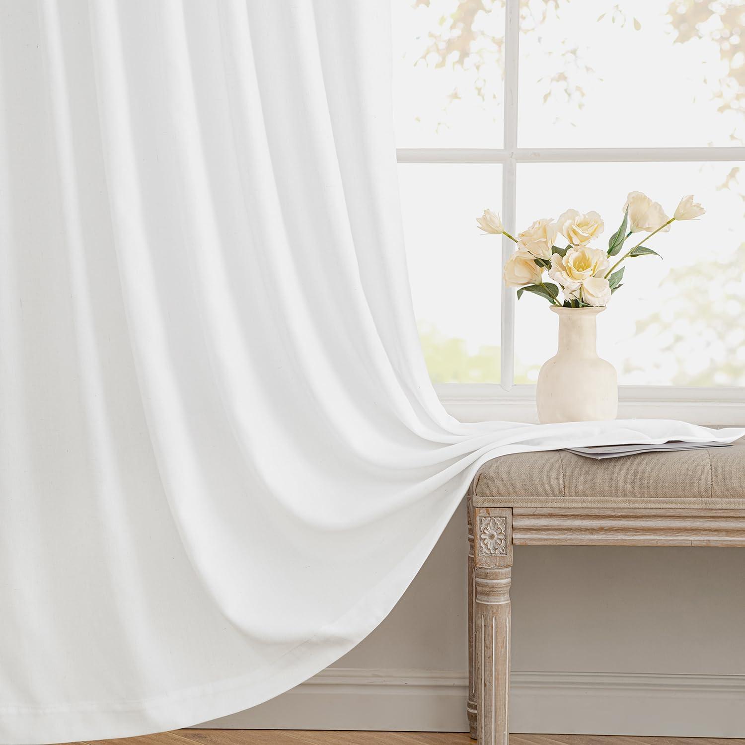 imageMIULEE NonSeeThrough Privacy Linen Curtains 2 Panels Christmas Emerald Green Light Filtering Window Curtains Textured Back Tab Semi Sheer Drapes for Bedroom Living Room 52 x 90 Inches LongPure White