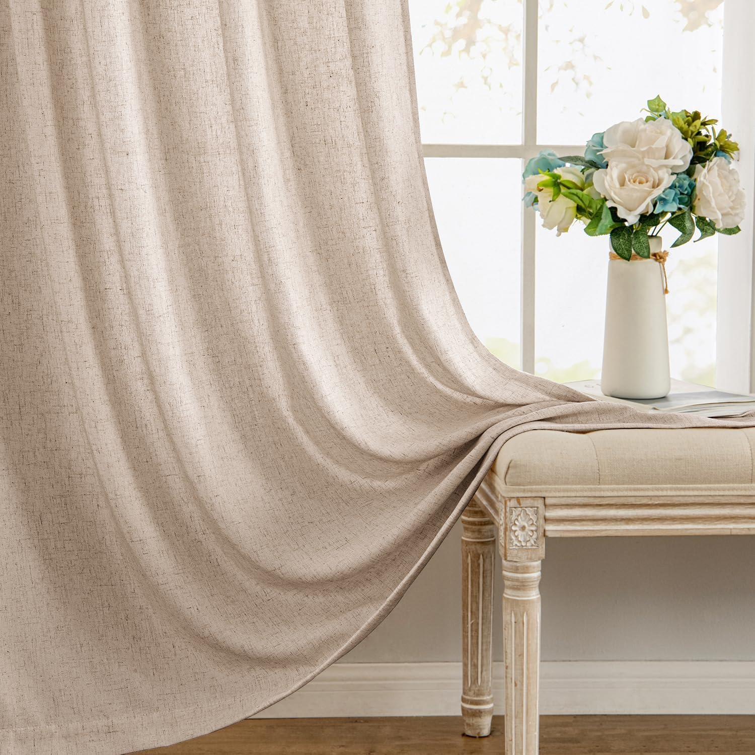 imageMIULEE NonSeeThrough Privacy Linen Curtains 2 Panels Christmas Emerald Green Light Filtering Window Curtains Textured Back Tab Semi Sheer Drapes for Bedroom Living Room 52 x 90 Inches LongBeige