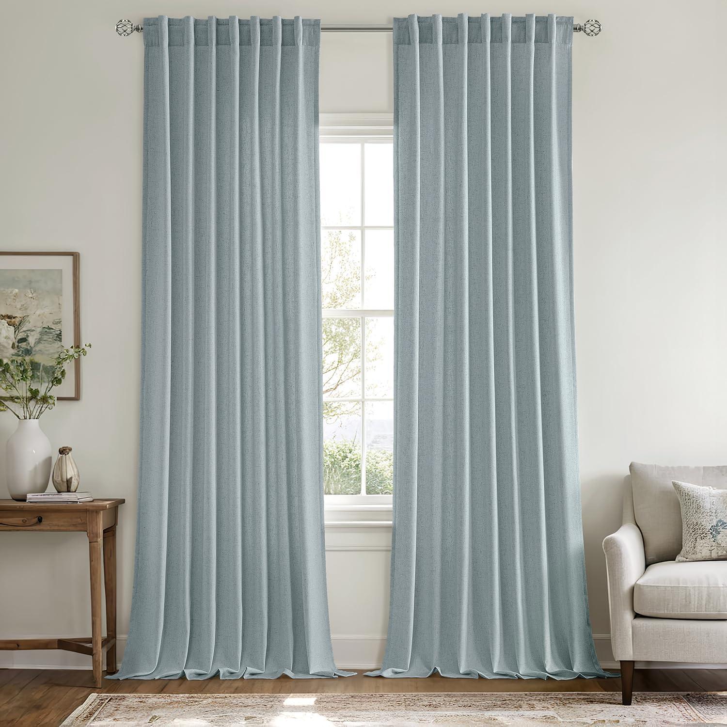 imageMIULEE NonSeeThrough Privacy Linen Curtains 2 Panels Christmas Emerald Green Light Filtering Window Curtains Textured Back Tab Semi Sheer Drapes for Bedroom Living Room 52 x 90 Inches LongStone Blue