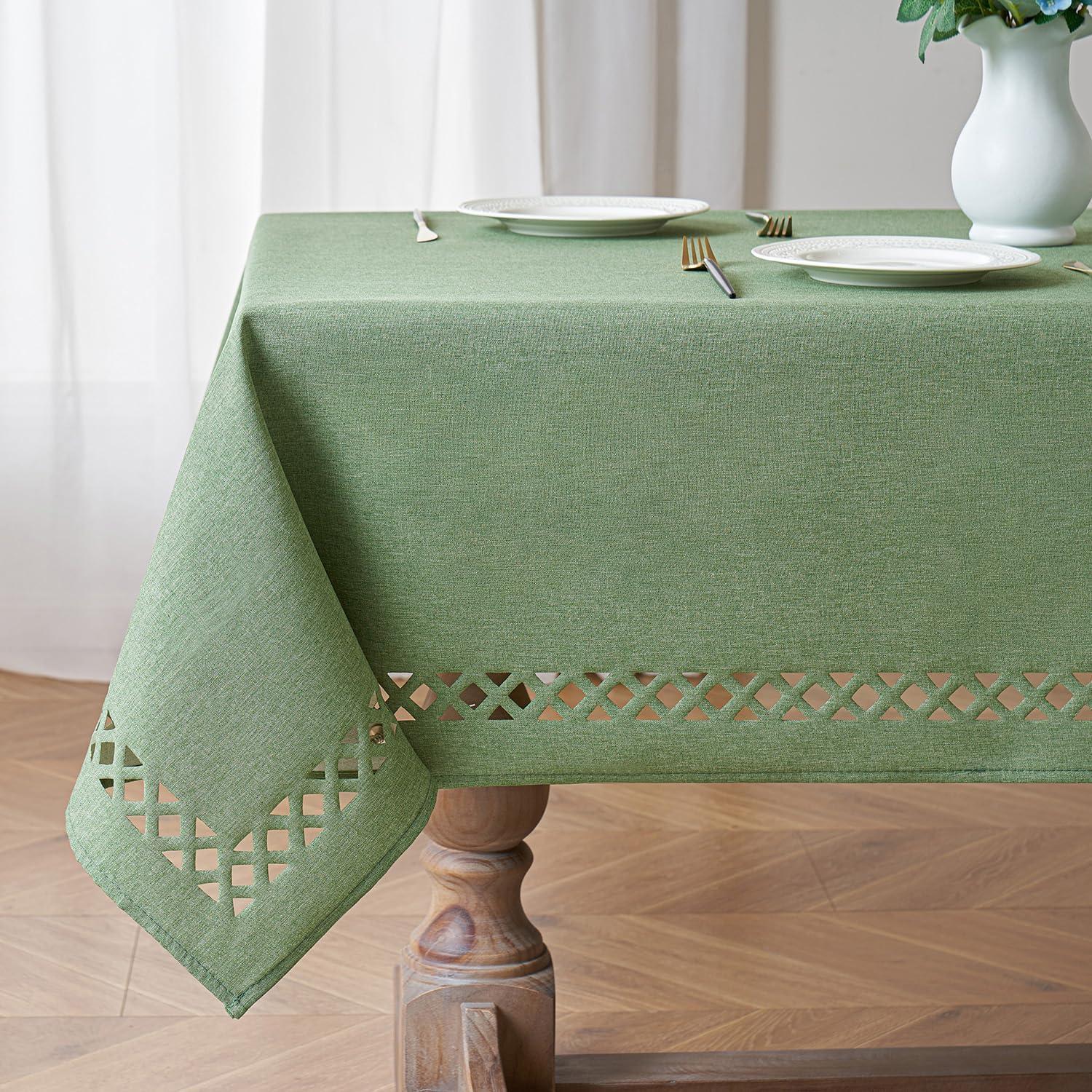 imageMIULEE Orange Thick Polyester Linen Rectangle Tablecloth with Decorative Cutouts Waterproof Stain Resistant Table Cloth Spring Boho Fall Table Cover for Dining Party Wedding 70 x 52 inchSage Green