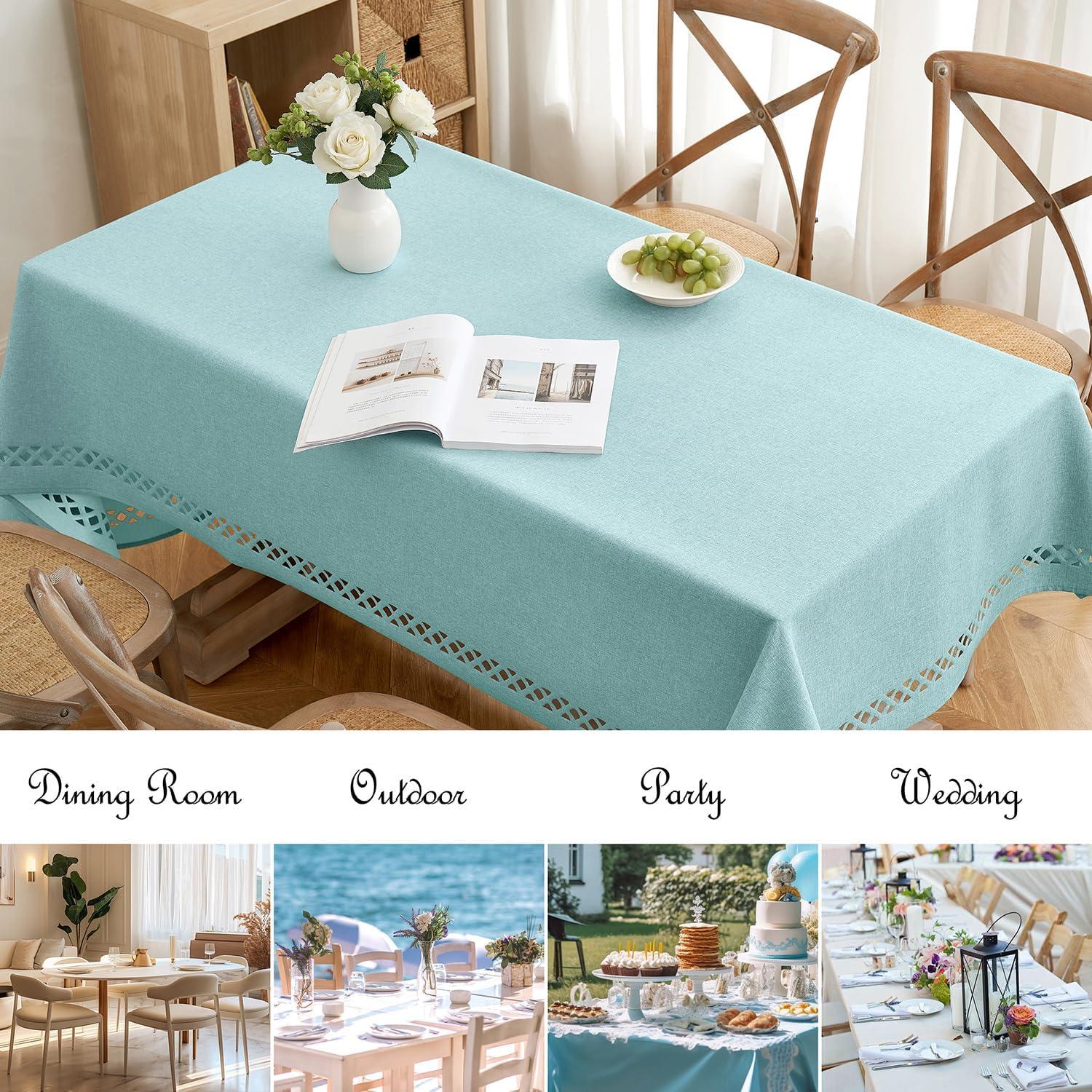 imageMIULEE Orange Thick Polyester Linen Rectangle Tablecloth with Decorative Cutouts Waterproof Stain Resistant Table Cloth Spring Boho Fall Table Cover for Dining Party Wedding 70 x 52 inchAqua