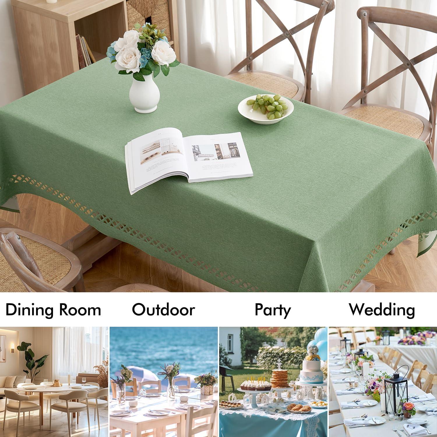 imageMIULEE Orange Thick Polyester Linen Rectangle Tablecloth with Decorative Cutouts Waterproof Stain Resistant Table Cloth Spring Boho Fall Table Cover for Dining Party Wedding 70 x 52 inchSage Green