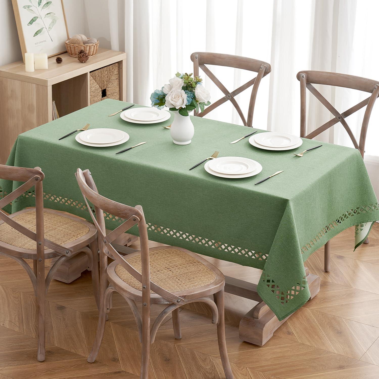 imageMIULEE Orange Thick Polyester Linen Rectangle Tablecloth with Decorative Cutouts Waterproof Stain Resistant Table Cloth Spring Boho Fall Table Cover for Dining Party Wedding 70 x 52 inchSage Green