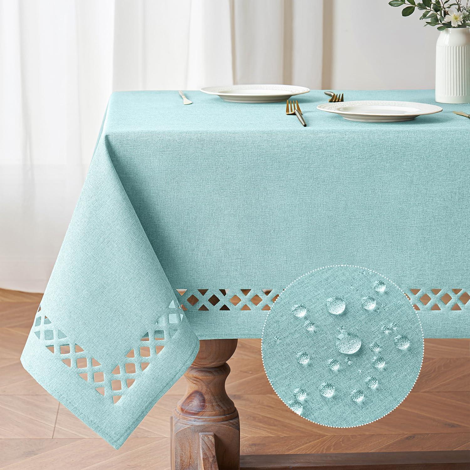 imageMIULEE Orange Thick Polyester Linen Rectangle Tablecloth with Decorative Cutouts Waterproof Stain Resistant Table Cloth Spring Boho Fall Table Cover for Dining Party Wedding 70 x 52 inchAqua