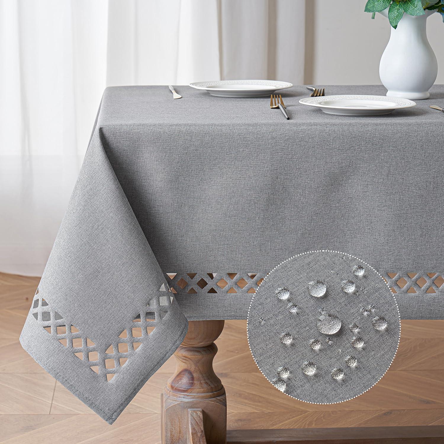 imageMIULEE Orange Thick Polyester Linen Rectangle Tablecloth with Decorative Cutouts Waterproof Stain Resistant Table Cloth Spring Boho Fall Table Cover for Dining Party Wedding 70 x 52 inchLight Grey
