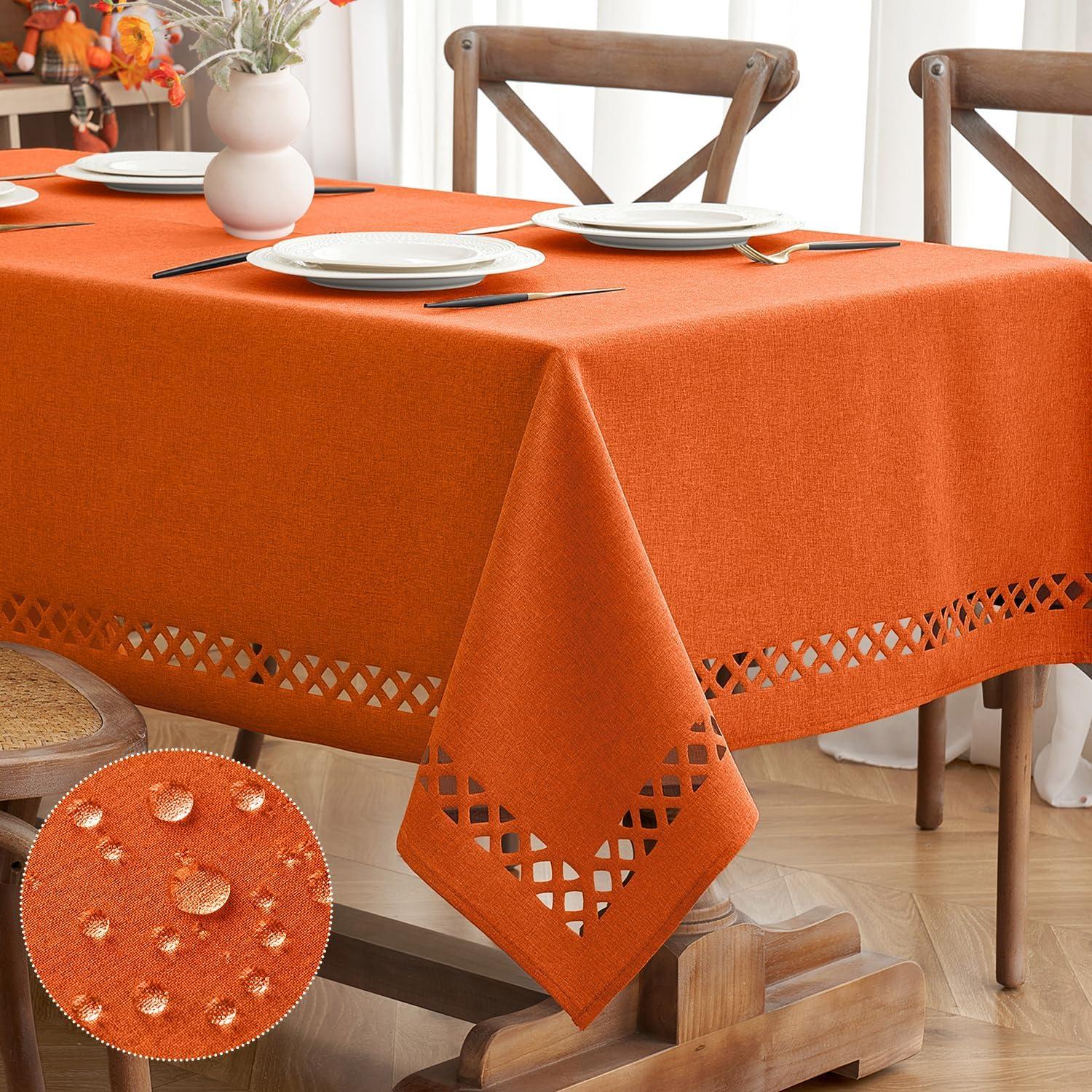 imageMIULEE Orange Thick Polyester Linen Rectangle Tablecloth with Decorative Cutouts Waterproof Stain Resistant Table Cloth Spring Boho Fall Table Cover for Dining Party Wedding 70 x 52 inchBurnt Orange