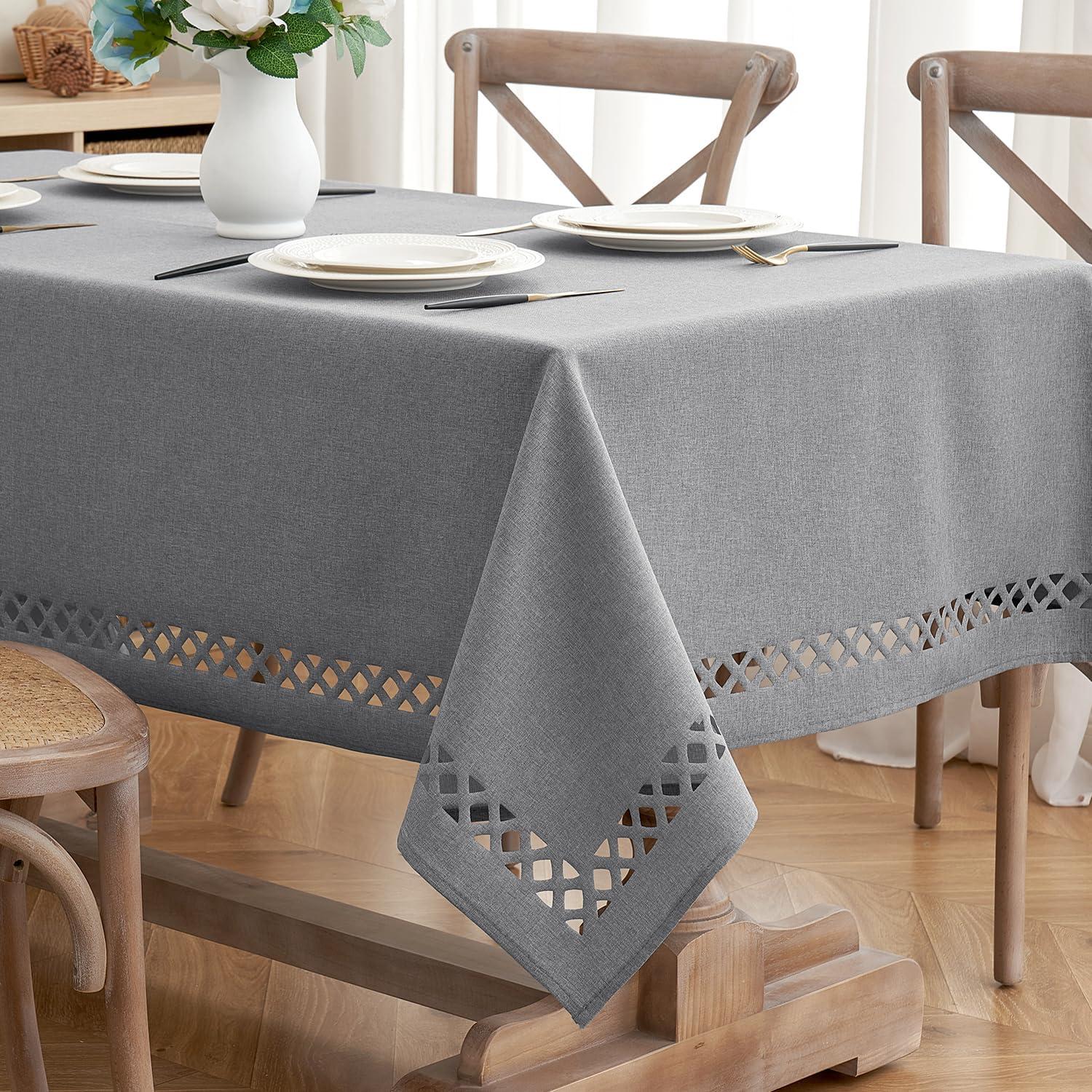 imageMIULEE Orange Thick Polyester Linen Rectangle Tablecloth with Decorative Cutouts Waterproof Stain Resistant Table Cloth Spring Boho Fall Table Cover for Dining Party Wedding 70 x 52 inchLight Grey