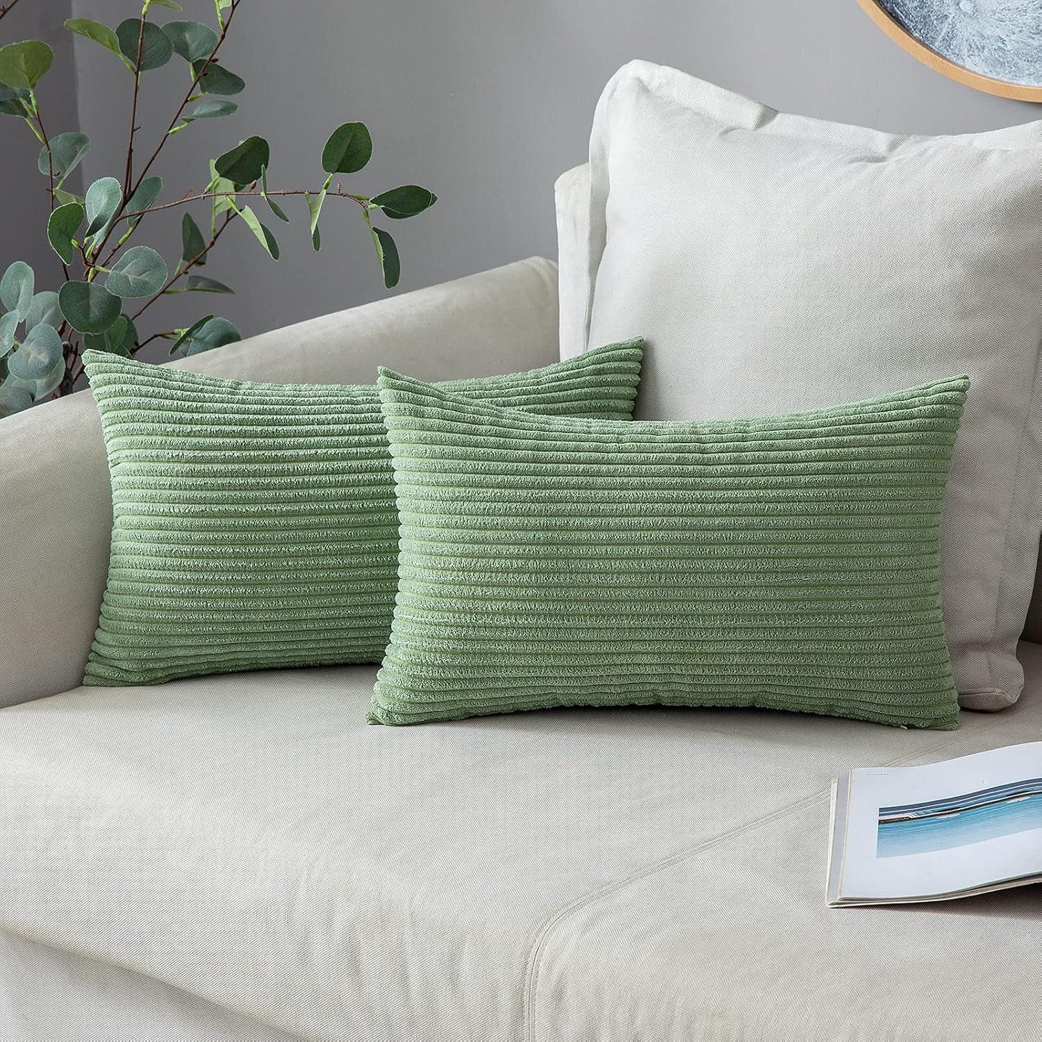 imageMIULEE Pack of 2 Burnt Orange Pillow Covers 18x18 Inch Soft Boho Striped Corduroy Throw Pillow Covers Set Decorative Square Cushion Cases Pillowcases for Sofa Bedroom CouchSage Green