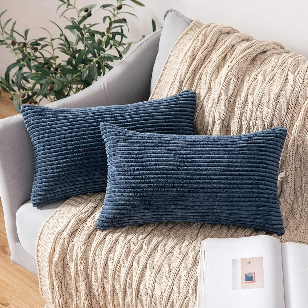 imageMIULEE Pack of 2 Burnt Orange Pillow Covers 18x18 Inch Soft Boho Striped Corduroy Throw Pillow Covers Set Decorative Square Cushion Cases Pillowcases for Sofa Bedroom CouchNavy Blue