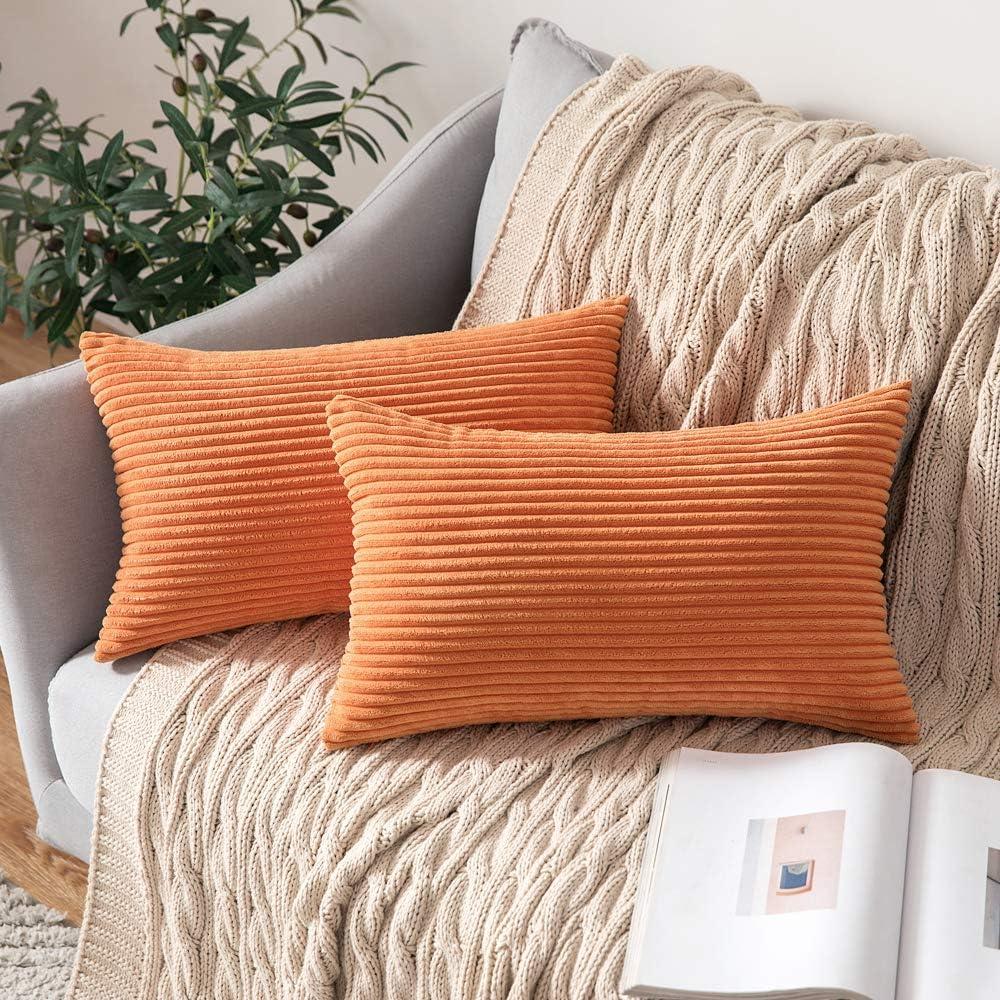 imageMIULEE Pack of 2 Burnt Orange Pillow Covers 18x18 Inch Soft Boho Striped Corduroy Throw Pillow Covers Set Decorative Square Cushion Cases Pillowcases for Sofa Bedroom CouchOrange