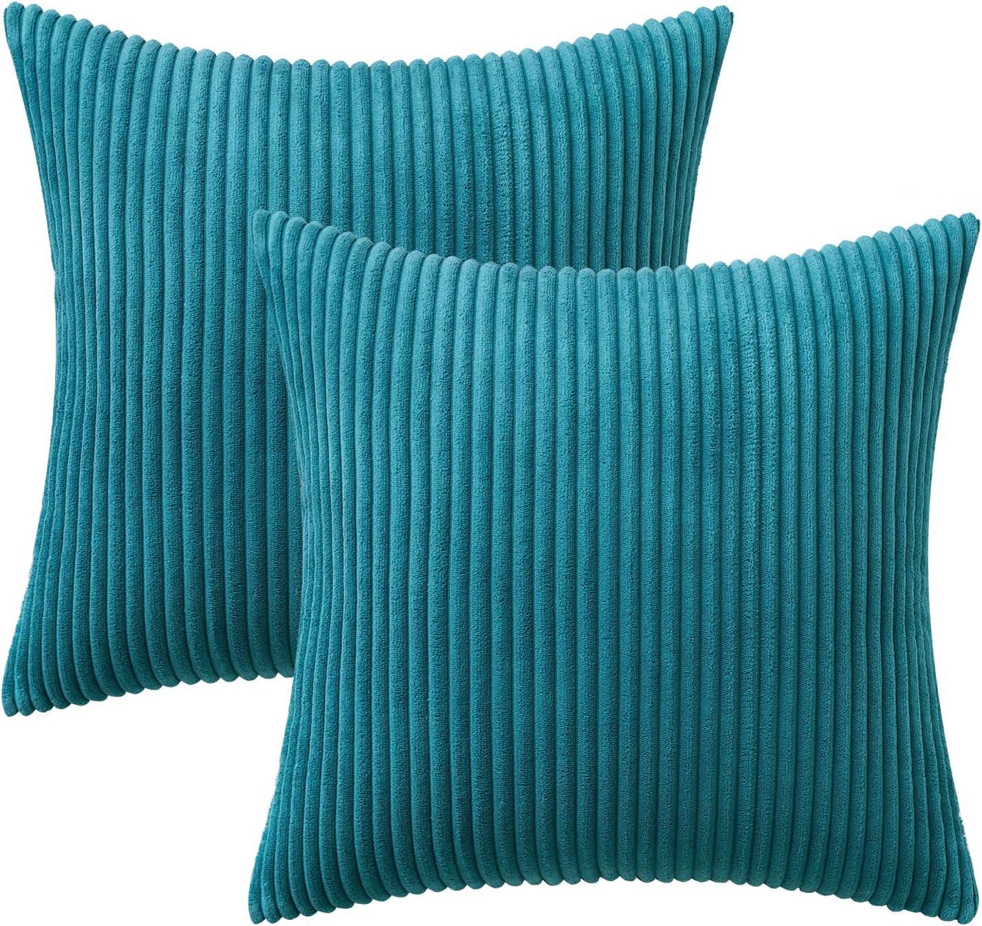 imageMIULEE Pack of 2 Burnt Orange Pillow Covers 18x18 Inch Soft Boho Striped Corduroy Throw Pillow Covers Set Decorative Square Cushion Cases Pillowcases for Sofa Bedroom CouchTeal