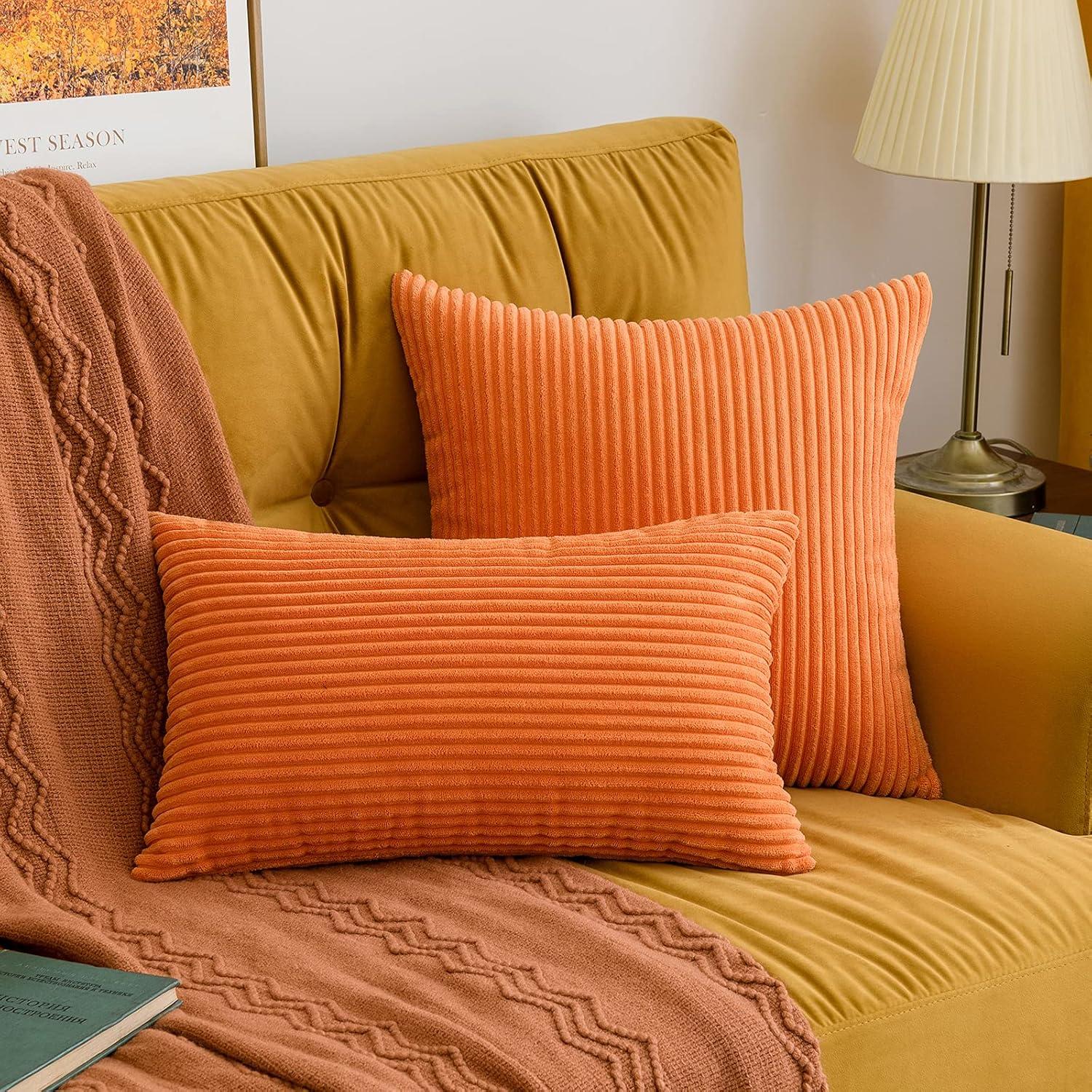 imageMIULEE Pack of 2 Burnt Orange Pillow Covers 18x18 Inch Soft Boho Striped Corduroy Throw Pillow Covers Set Decorative Square Cushion Cases Pillowcases for Sofa Bedroom CouchOrange