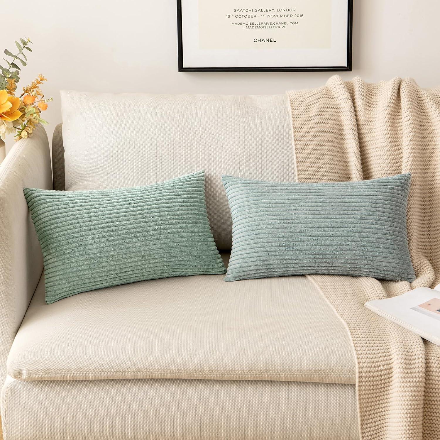 imageMIULEE Pack of 2 Burnt Orange Pillow Covers 18x18 Inch Soft Boho Striped Corduroy Throw Pillow Covers Set Decorative Square Cushion Cases Pillowcases for Sofa Bedroom CouchGreyish Green
