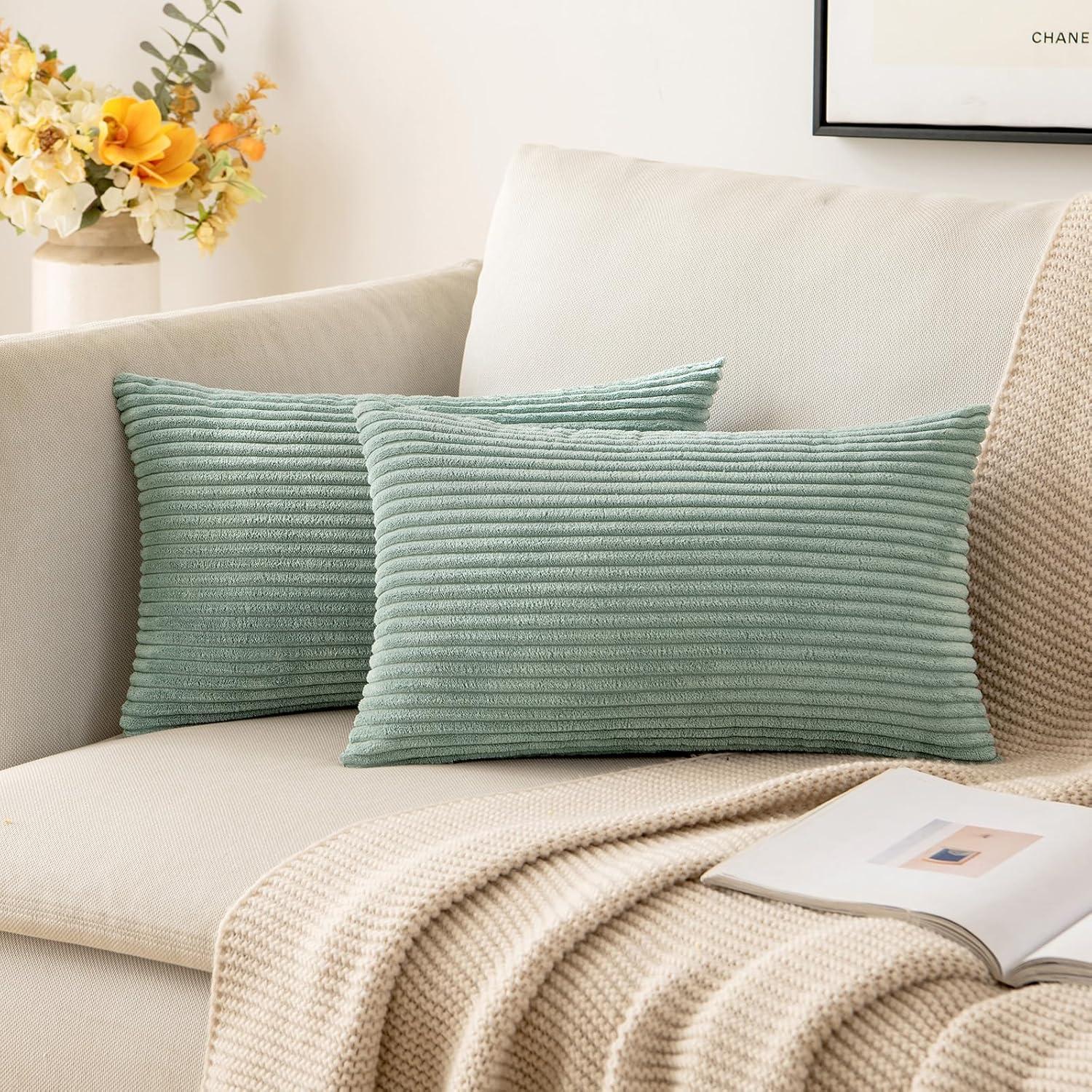 imageMIULEE Pack of 2 Burnt Orange Pillow Covers 18x18 Inch Soft Boho Striped Corduroy Throw Pillow Covers Set Decorative Square Cushion Cases Pillowcases for Sofa Bedroom CouchGreyish Green