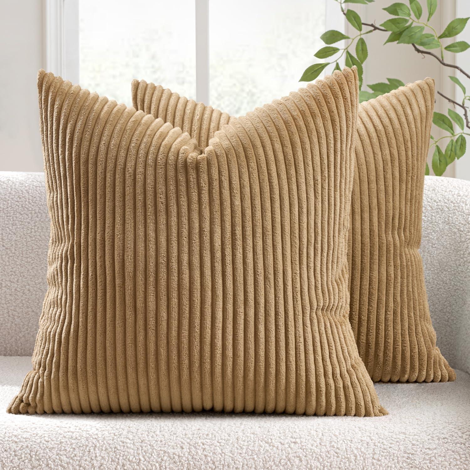 imageMIULEE Pack of 2 Burnt Orange Pillow Covers 18x18 Inch Soft Boho Striped Corduroy Throw Pillow Covers Set Decorative Square Cushion Cases Pillowcases for Sofa Bedroom CouchKhaki