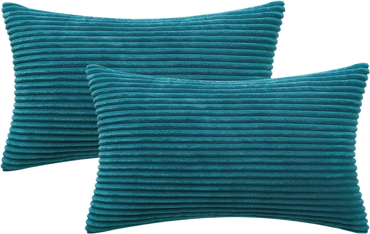 imageMIULEE Pack of 2 Burnt Orange Pillow Covers 18x18 Inch Soft Boho Striped Corduroy Throw Pillow Covers Set Decorative Square Cushion Cases Pillowcases for Sofa Bedroom CouchTeal