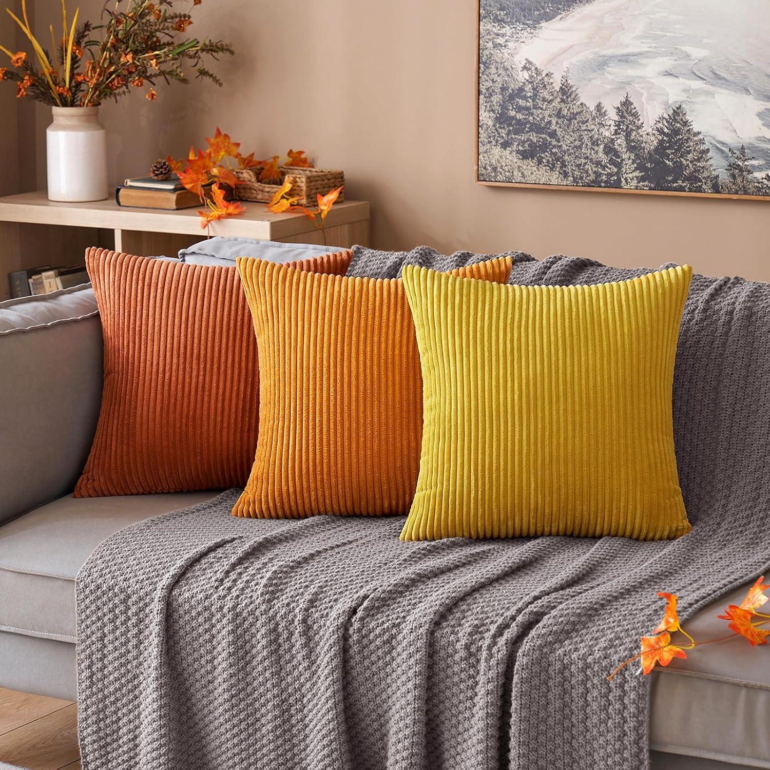 imageMIULEE Pack of 2 Burnt Orange Pillow Covers 18x18 Inch Soft Boho Striped Corduroy Throw Pillow Covers Set Decorative Square Cushion Cases Pillowcases for Sofa Bedroom CouchBurnt Orange