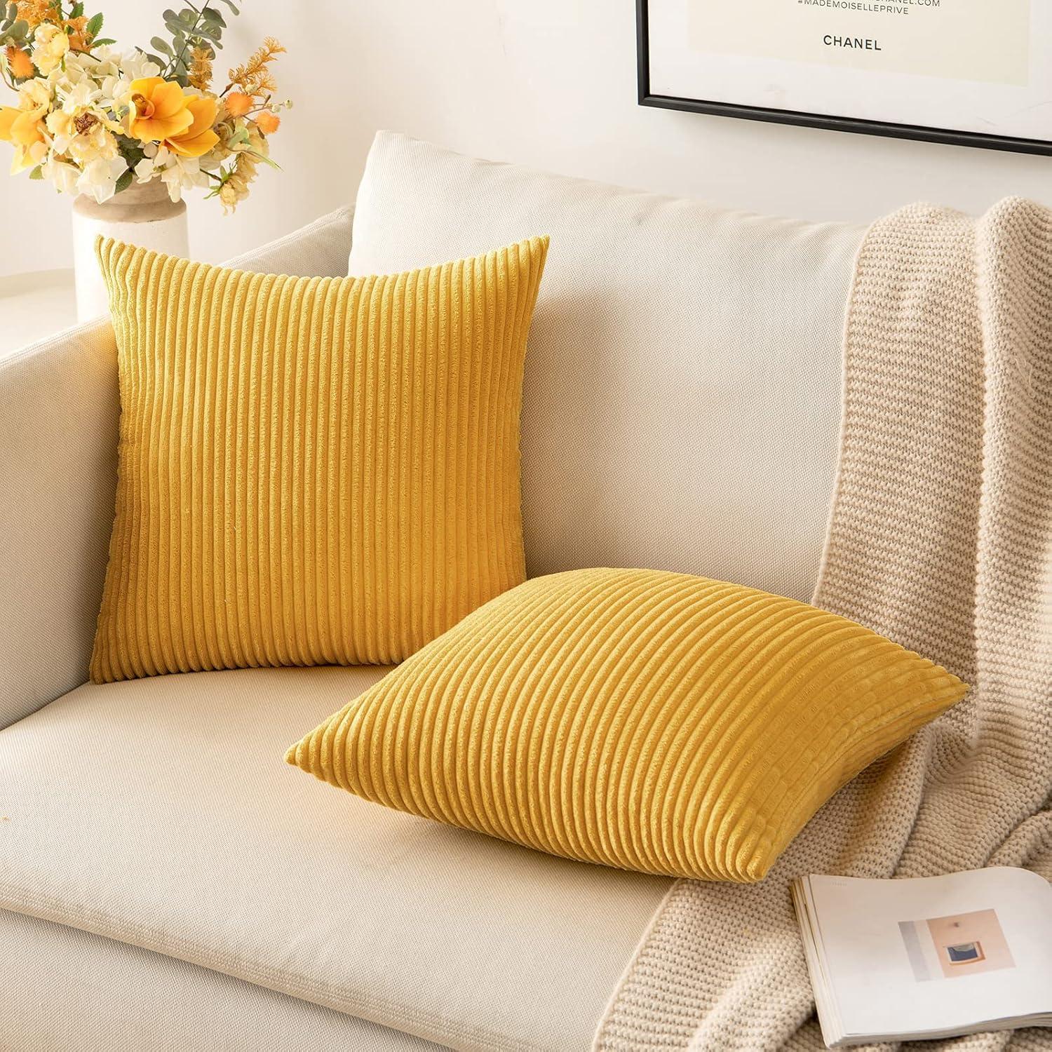 imageMIULEE Pack of 2 Burnt Orange Pillow Covers 18x18 Inch Soft Boho Striped Corduroy Throw Pillow Covers Set Decorative Square Cushion Cases Pillowcases for Sofa Bedroom CouchMustard Yellow