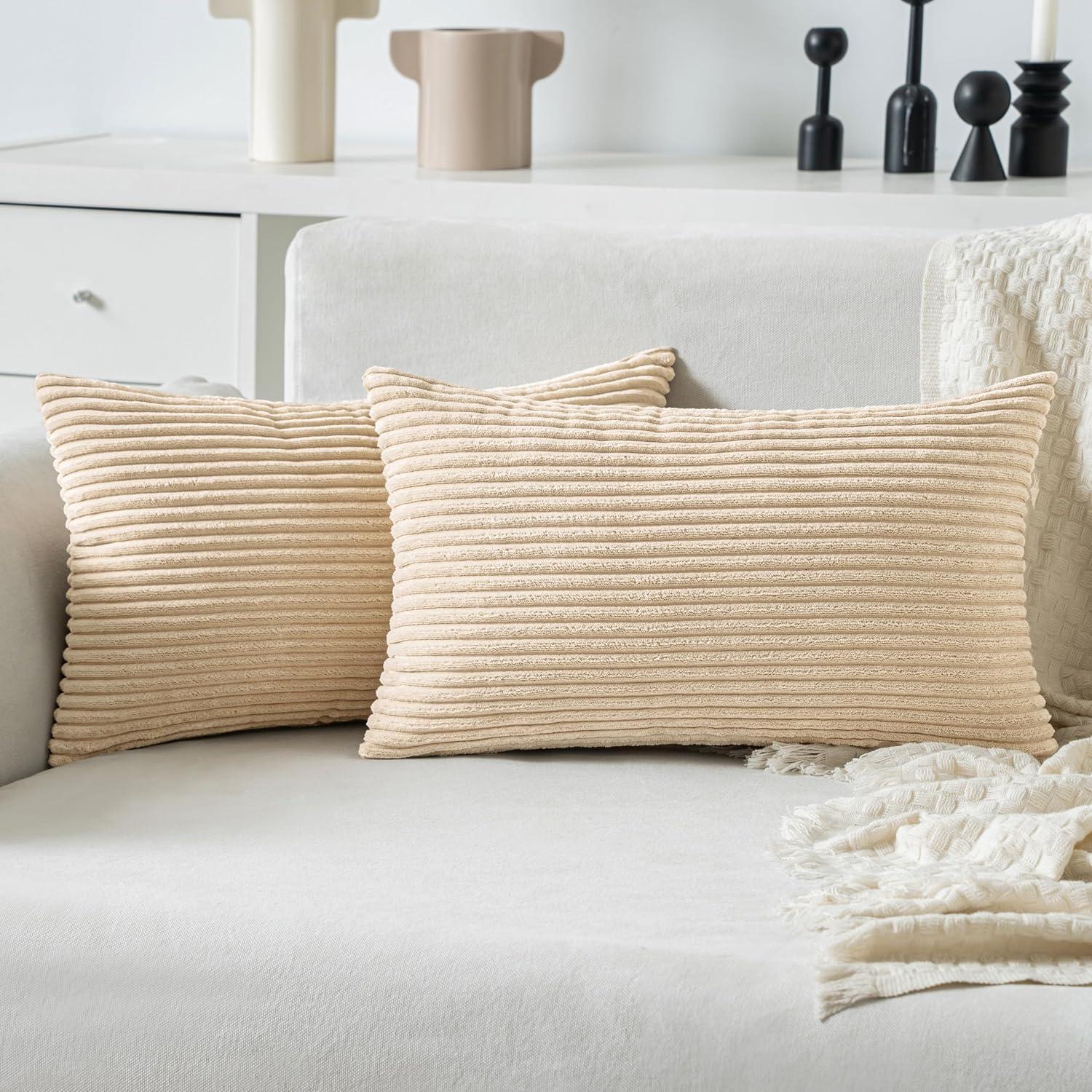 imageMIULEE Pack of 2 Burnt Orange Pillow Covers 18x18 Inch Soft Boho Striped Corduroy Throw Pillow Covers Set Decorative Square Cushion Cases Pillowcases for Sofa Bedroom CouchBeige