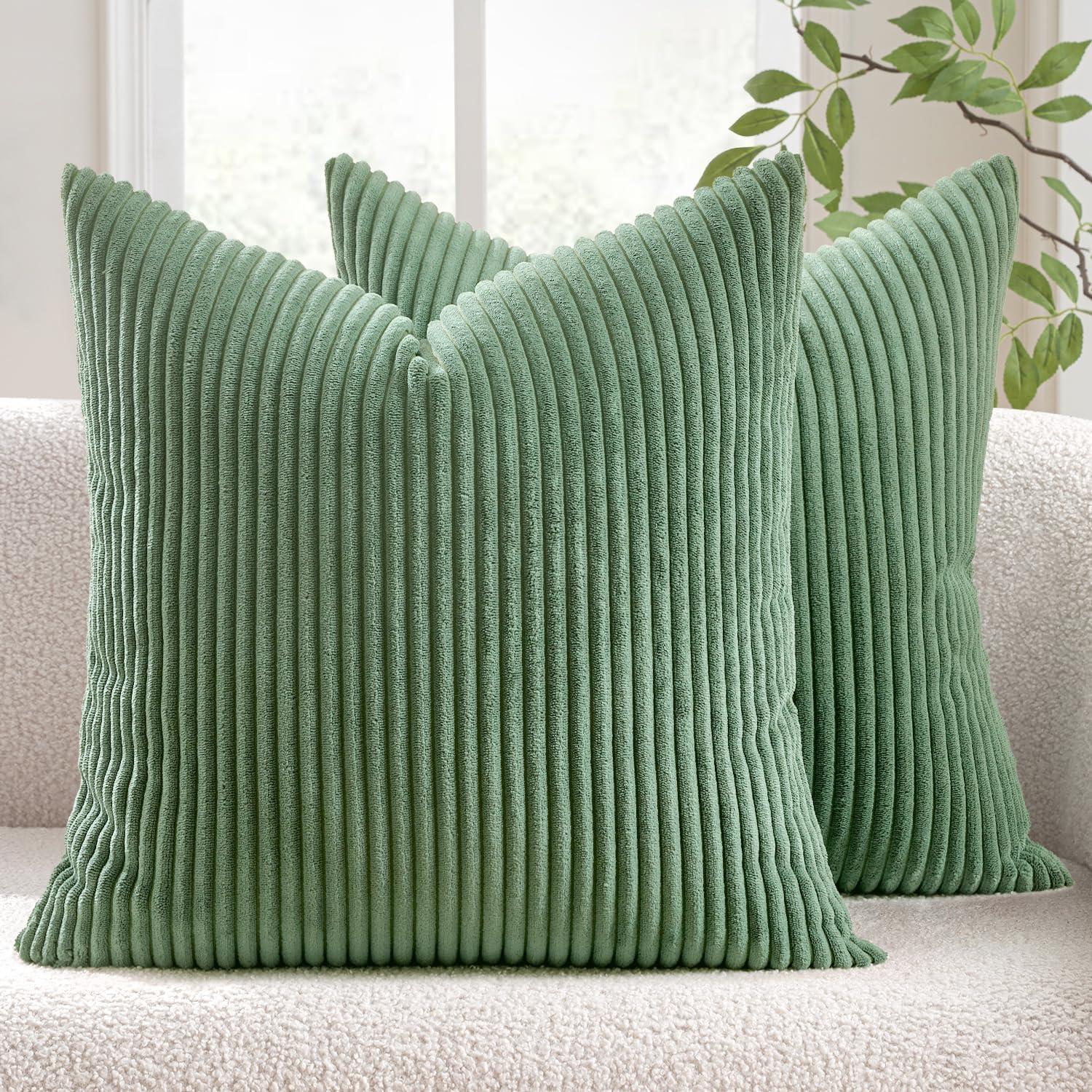 imageMIULEE Pack of 2 Burnt Orange Pillow Covers 18x18 Inch Soft Boho Striped Corduroy Throw Pillow Covers Set Decorative Square Cushion Cases Pillowcases for Sofa Bedroom CouchSage Green