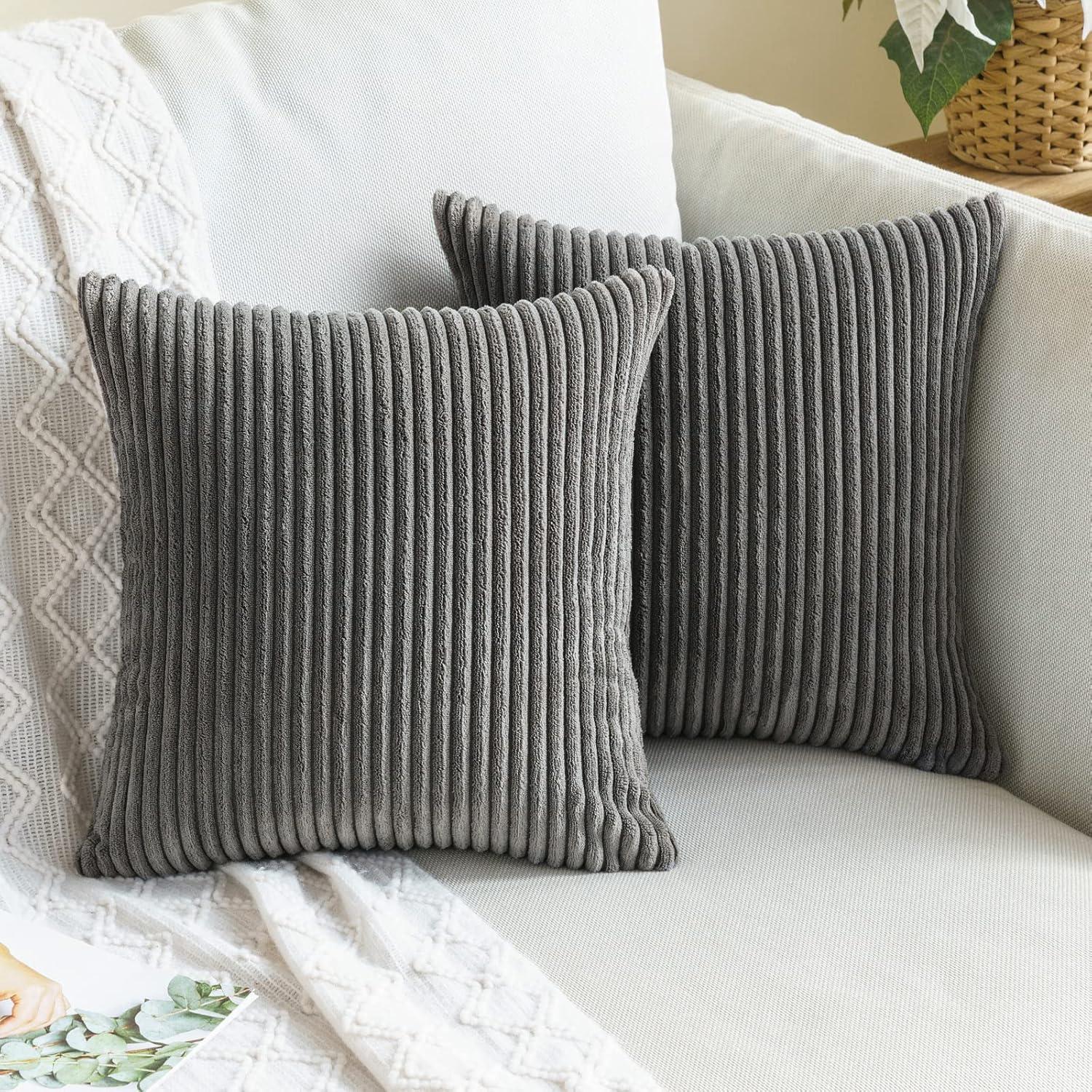 imageMIULEE Pack of 2 Burnt Orange Pillow Covers 18x18 Inch Soft Boho Striped Corduroy Throw Pillow Covers Set Decorative Square Cushion Cases Pillowcases for Sofa Bedroom CouchGrey