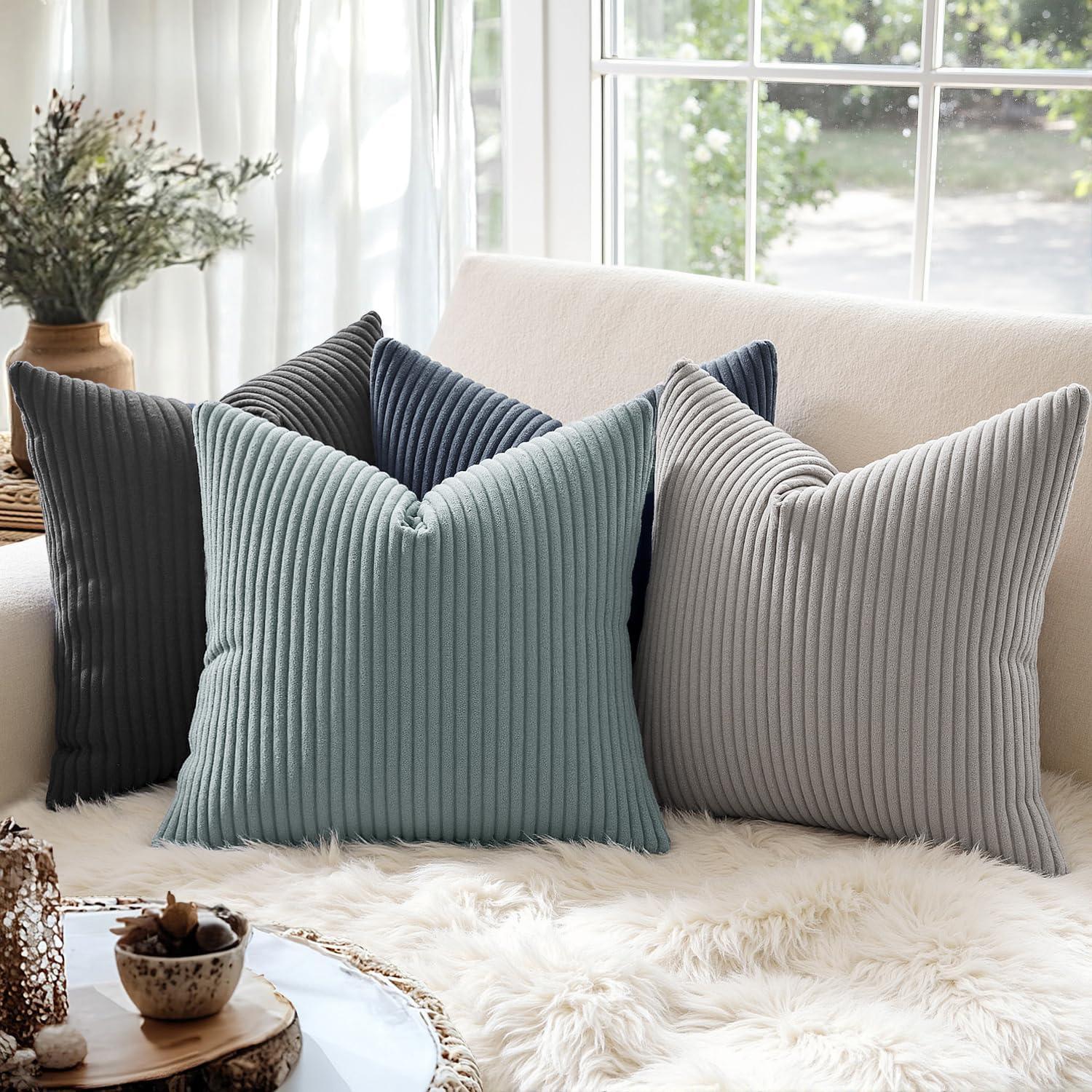 imageMIULEE Pack of 2 Burnt Orange Pillow Covers 18x18 Inch Soft Boho Striped Corduroy Throw Pillow Covers Set Decorative Square Cushion Cases Pillowcases for Sofa Bedroom CouchSilver Grey