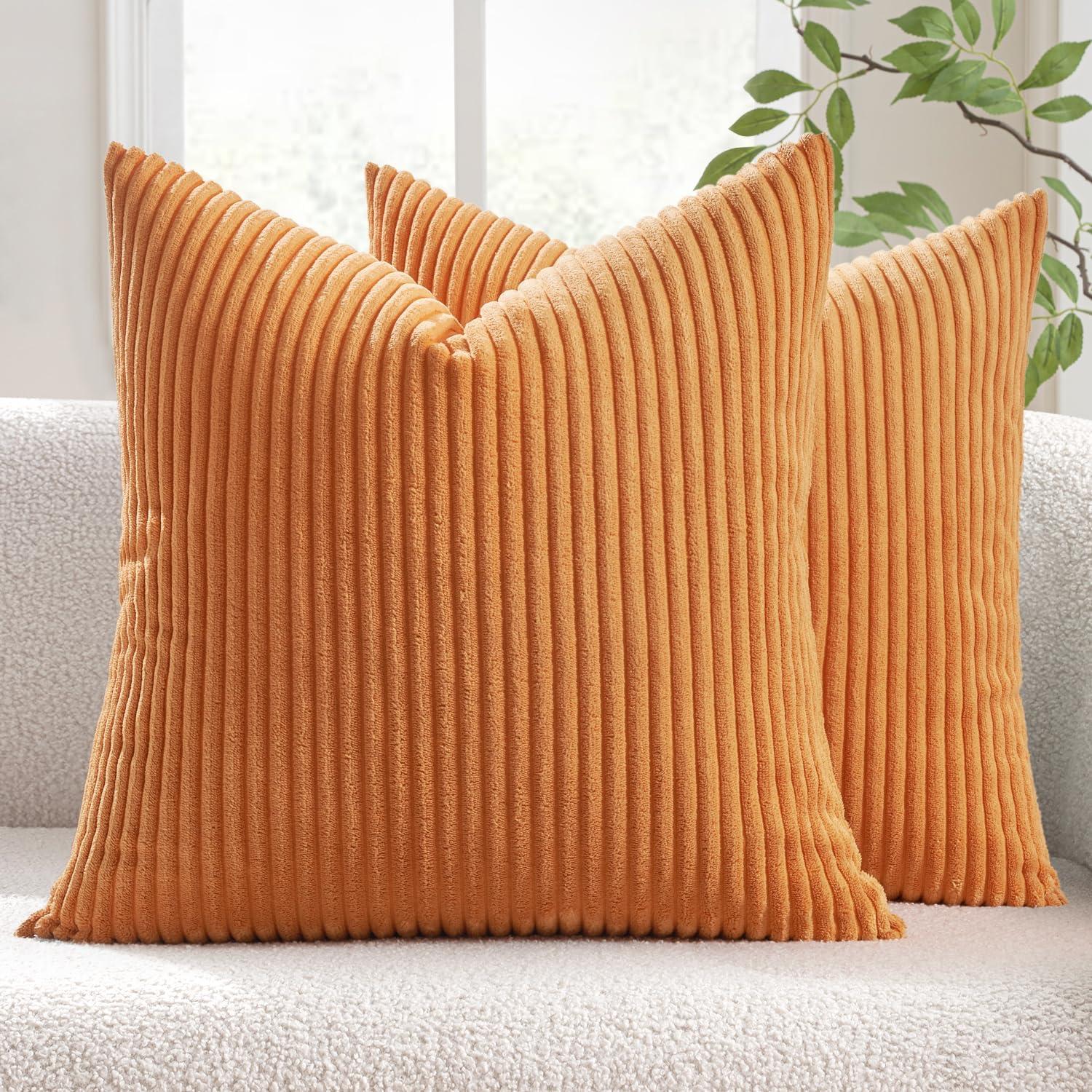 imageMIULEE Pack of 2 Burnt Orange Pillow Covers 18x18 Inch Soft Boho Striped Corduroy Throw Pillow Covers Set Decorative Square Cushion Cases Pillowcases for Sofa Bedroom CouchBurnt Orange