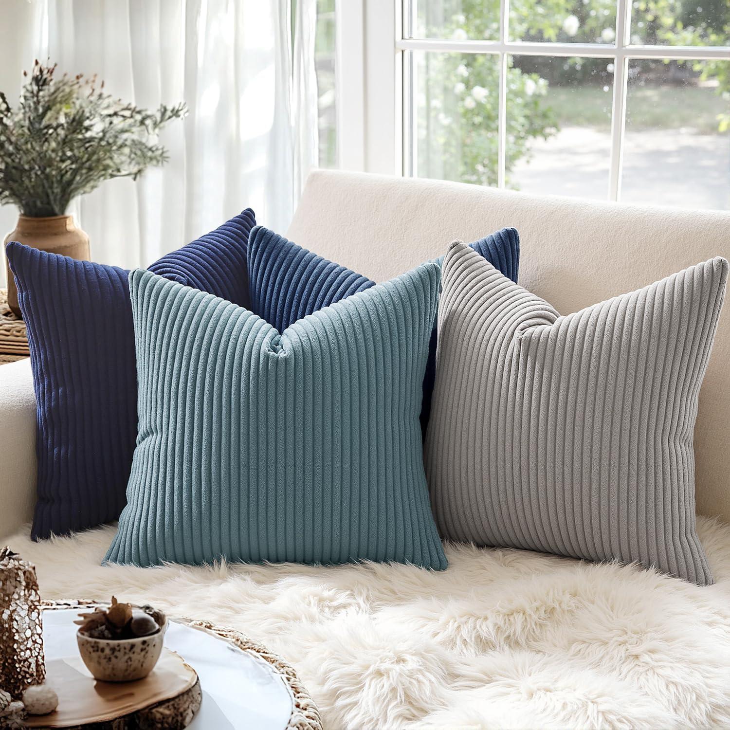 imageMIULEE Pack of 2 Burnt Orange Pillow Covers 18x18 Inch Soft Boho Striped Corduroy Throw Pillow Covers Set Decorative Square Cushion Cases Pillowcases for Sofa Bedroom CouchNavy Blue