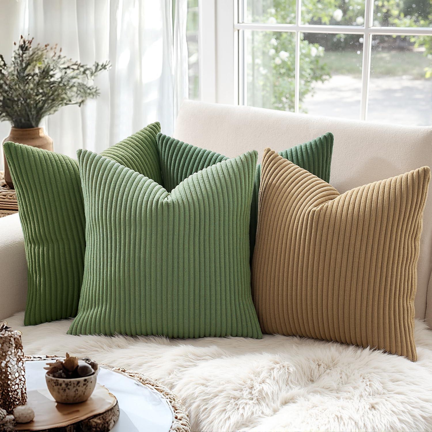 imageMIULEE Pack of 2 Burnt Orange Pillow Covers 18x18 Inch Soft Boho Striped Corduroy Throw Pillow Covers Set Decorative Square Cushion Cases Pillowcases for Sofa Bedroom CouchSage Green
