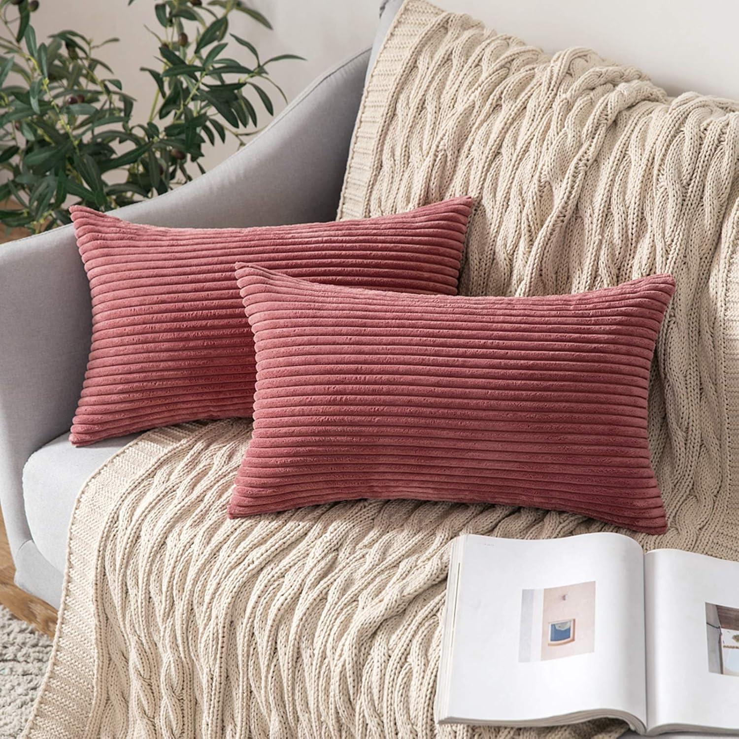 imageMIULEE Pack of 2 Burnt Orange Pillow Covers 18x18 Inch Soft Boho Striped Corduroy Throw Pillow Covers Set Decorative Square Cushion Cases Pillowcases for Sofa Bedroom CouchCranberry Red