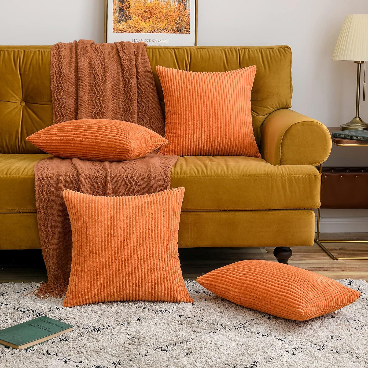 imageMIULEE Pack of 2 Burnt Orange Pillow Covers 18x18 Inch Soft Boho Striped Corduroy Throw Pillow Covers Set Decorative Square Cushion Cases Pillowcases for Sofa Bedroom CouchOrange