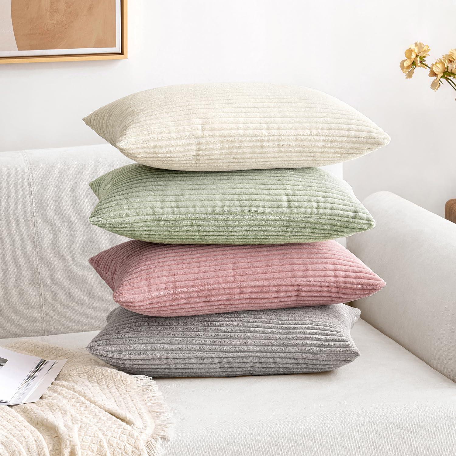 imageMIULEE Pack of 2 Burnt Orange Pillow Covers 18x18 Inch Soft Boho Striped Corduroy Throw Pillow Covers Set Decorative Square Cushion Cases Pillowcases for Sofa Bedroom CouchCream White