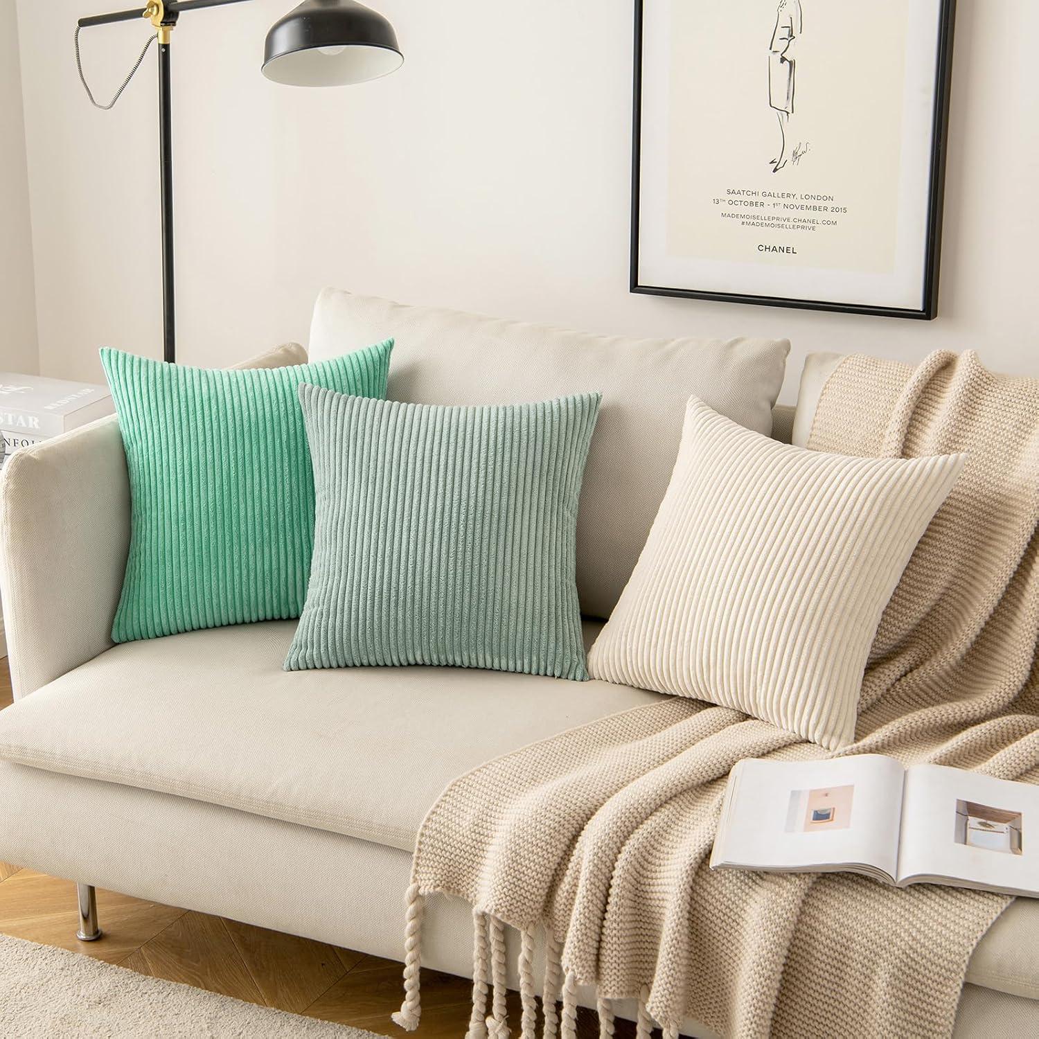 imageMIULEE Pack of 2 Burnt Orange Pillow Covers 18x18 Inch Soft Boho Striped Corduroy Throw Pillow Covers Set Decorative Square Cushion Cases Pillowcases for Sofa Bedroom CouchGreyish Green