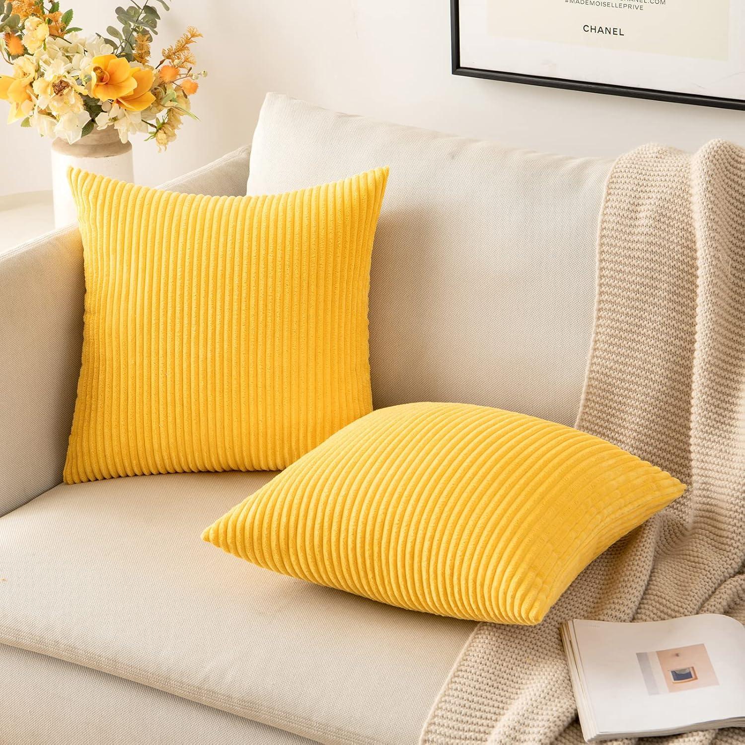 imageMIULEE Pack of 2 Burnt Orange Pillow Covers 18x18 Inch Soft Boho Striped Corduroy Throw Pillow Covers Set Decorative Square Cushion Cases Pillowcases for Sofa Bedroom CouchGolden Yellow
