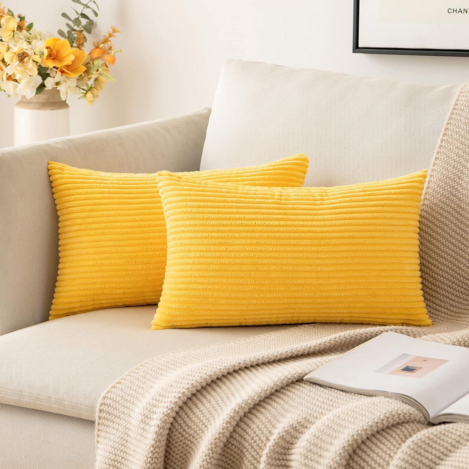 imageMIULEE Pack of 2 Burnt Orange Pillow Covers 18x18 Inch Soft Boho Striped Corduroy Throw Pillow Covers Set Decorative Square Cushion Cases Pillowcases for Sofa Bedroom CouchGolden Yellow