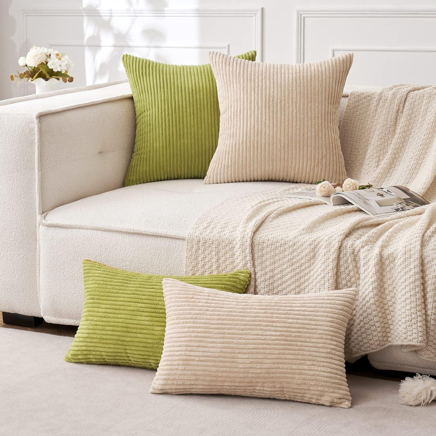 imageMIULEE Pack of 2 Burnt Orange Pillow Covers 18x18 Inch Soft Boho Striped Corduroy Throw Pillow Covers Set Decorative Square Cushion Cases Pillowcases for Sofa Bedroom CouchGrass Green