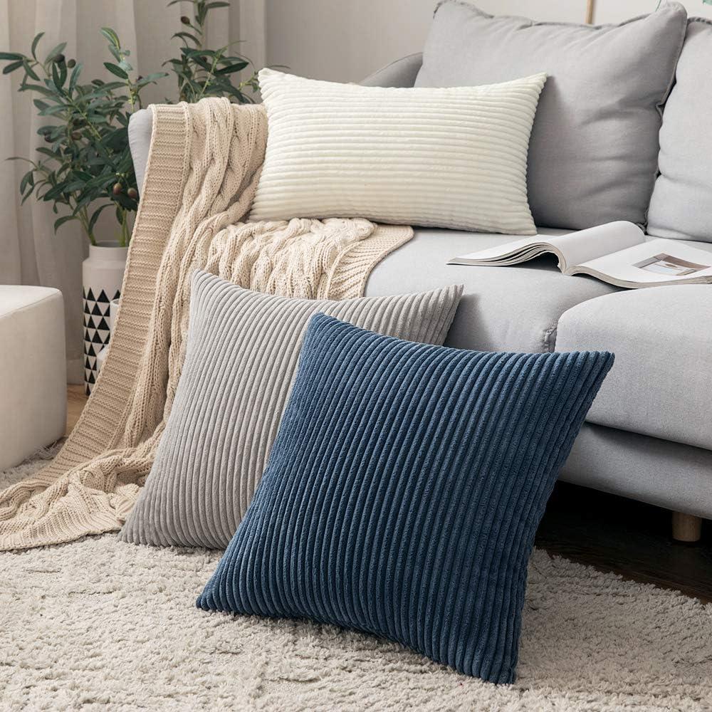 imageMIULEE Pack of 2 Burnt Orange Pillow Covers 18x18 Inch Soft Boho Striped Corduroy Throw Pillow Covers Set Decorative Square Cushion Cases Pillowcases for Sofa Bedroom CouchNavy Blue
