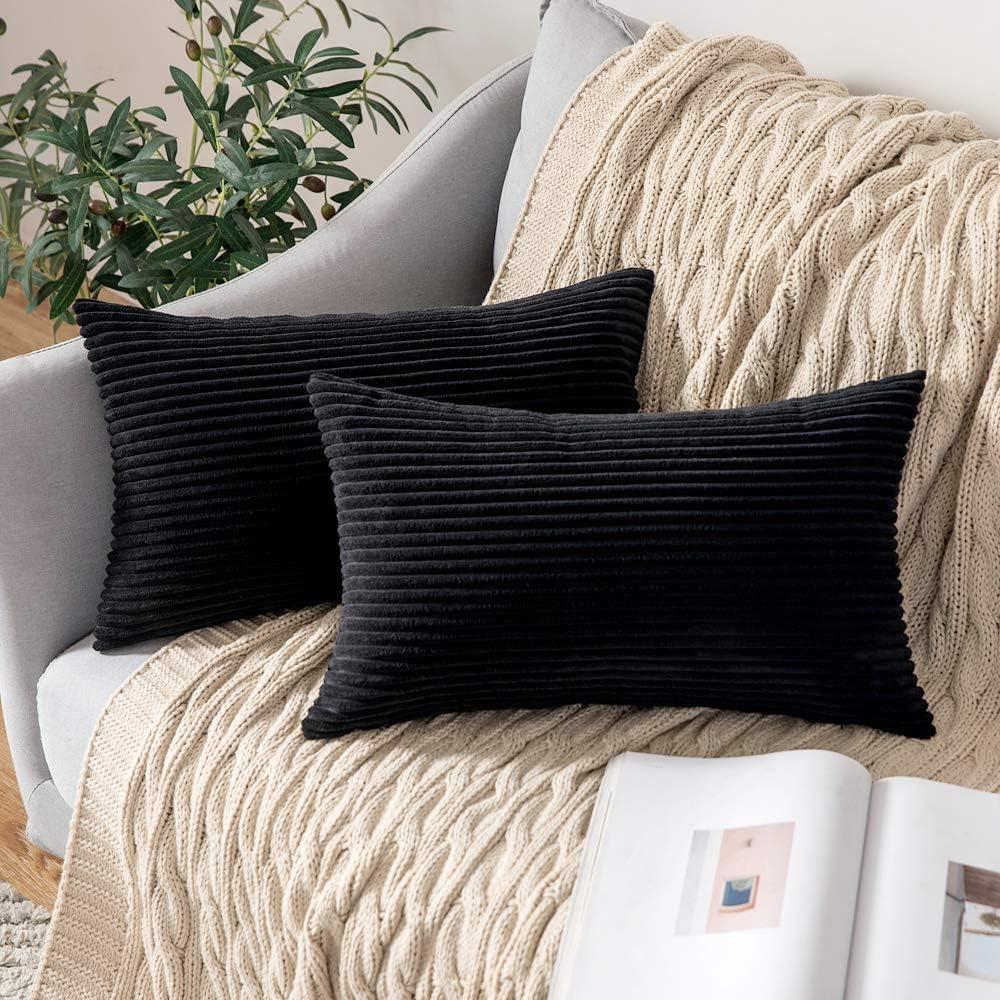 imageMIULEE Pack of 2 Burnt Orange Pillow Covers 18x18 Inch Soft Boho Striped Corduroy Throw Pillow Covers Set Decorative Square Cushion Cases Pillowcases for Sofa Bedroom CouchBlack