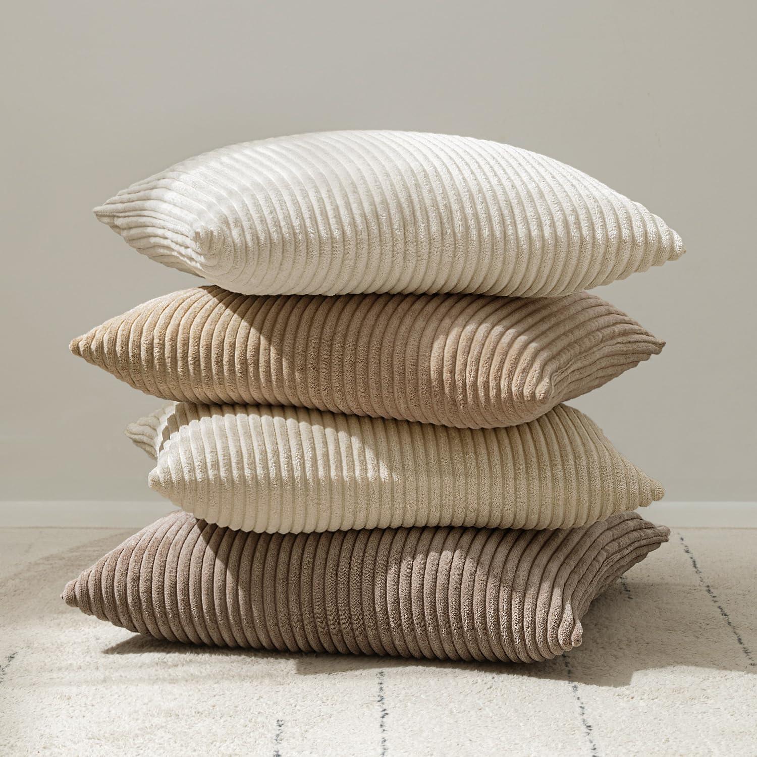 imageMIULEE Pack of 2 Burnt Orange Pillow Covers 18x18 Inch Soft Boho Striped Corduroy Throw Pillow Covers Set Decorative Square Cushion Cases Pillowcases for Sofa Bedroom CouchCream White