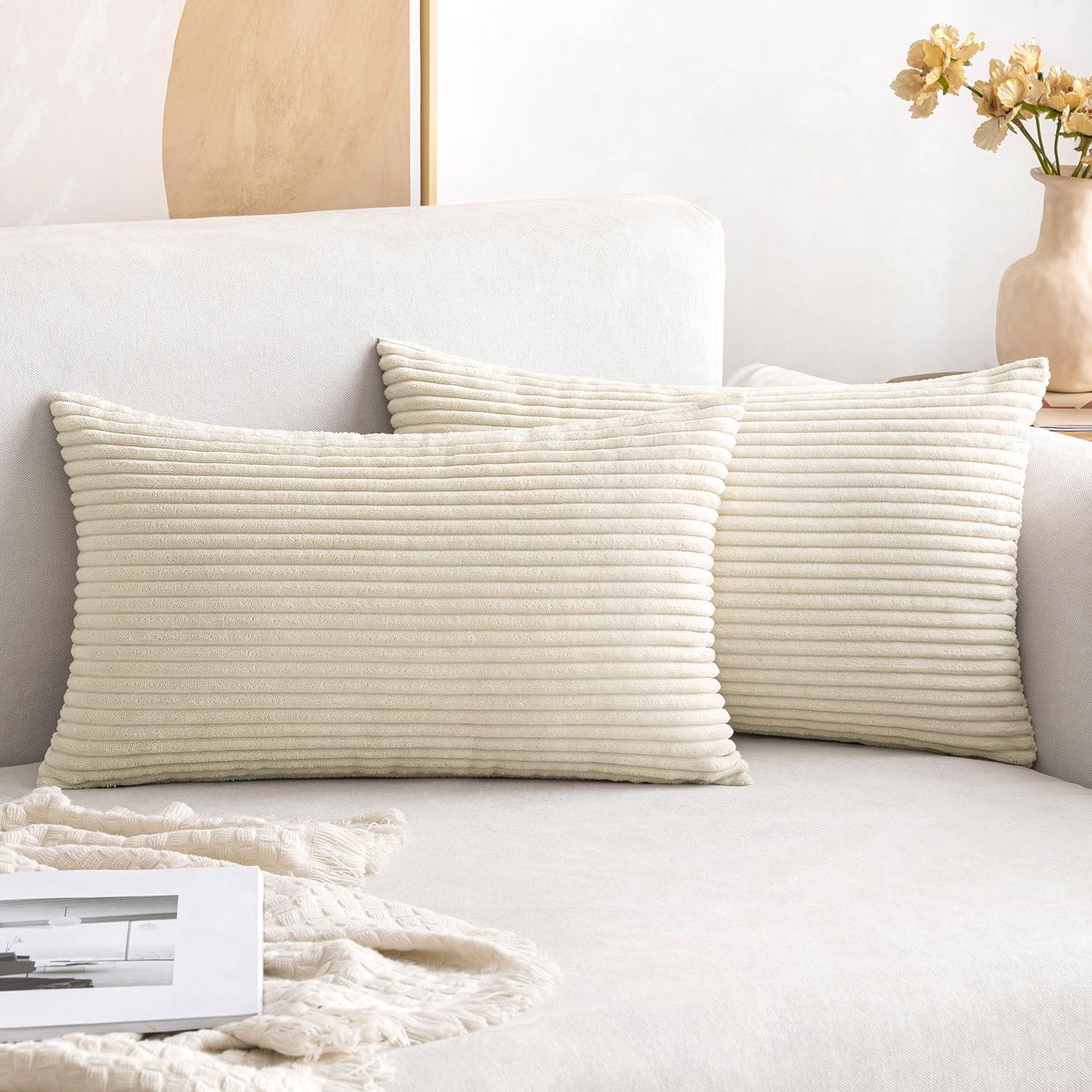 imageMIULEE Pack of 2 Burnt Orange Pillow Covers 18x18 Inch Soft Boho Striped Corduroy Throw Pillow Covers Set Decorative Square Cushion Cases Pillowcases for Sofa Bedroom CouchCream White